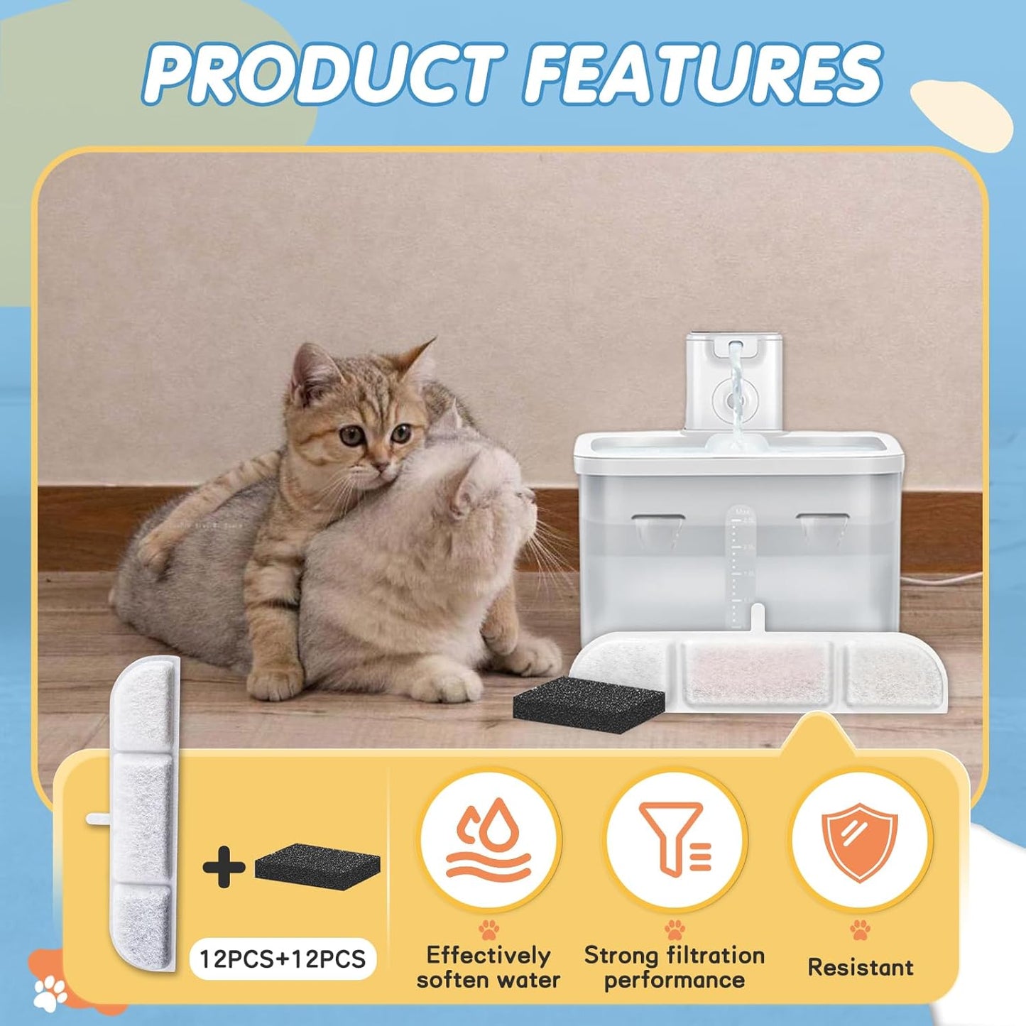12Packs Replacement Filters Compatible with Downy Paws Cat Water Fountain - Triple Filtration Filters for DownyPaws 84oz/2.5L Wireless Pet Fountain DPWFP6 (12 Filters & 12 Sponges)