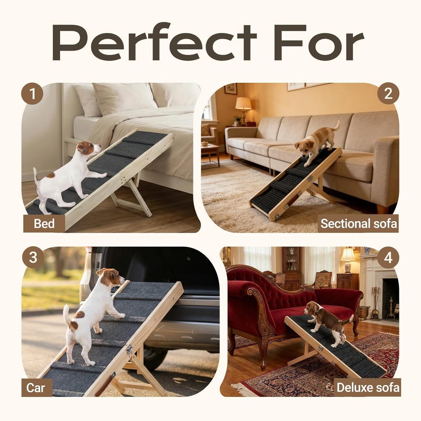 2026 Upgraded Foldable Dog Ramp for Couches, Wooden Small Dog Ramp for Sofa - 4 Adjustable Heights (12"-19"), Portable, Stable & Non-Slip, Walnut