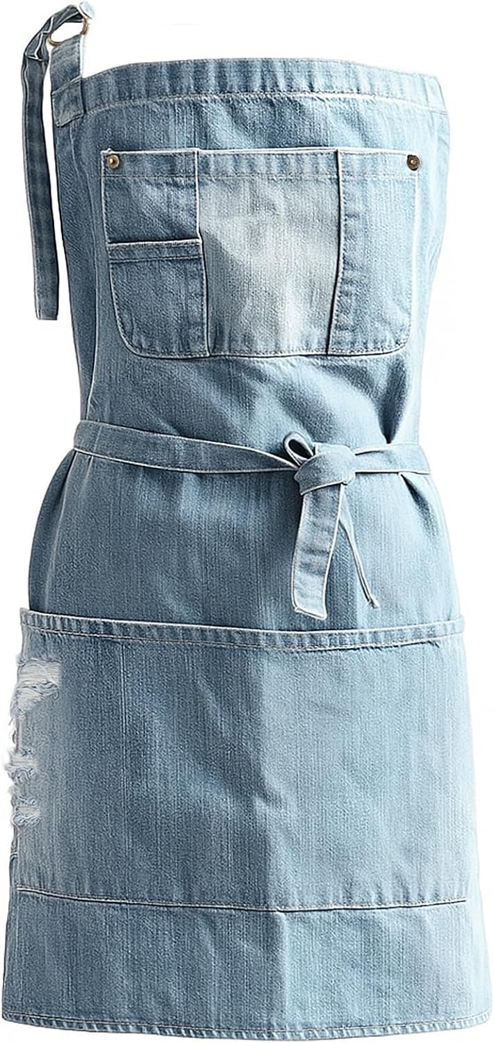 Denim Apron With 5 Pockets for Kitchens,Hairstylist Aprons for Women Men,Adjustable Bib Jean Apron for Arts Cafe Work