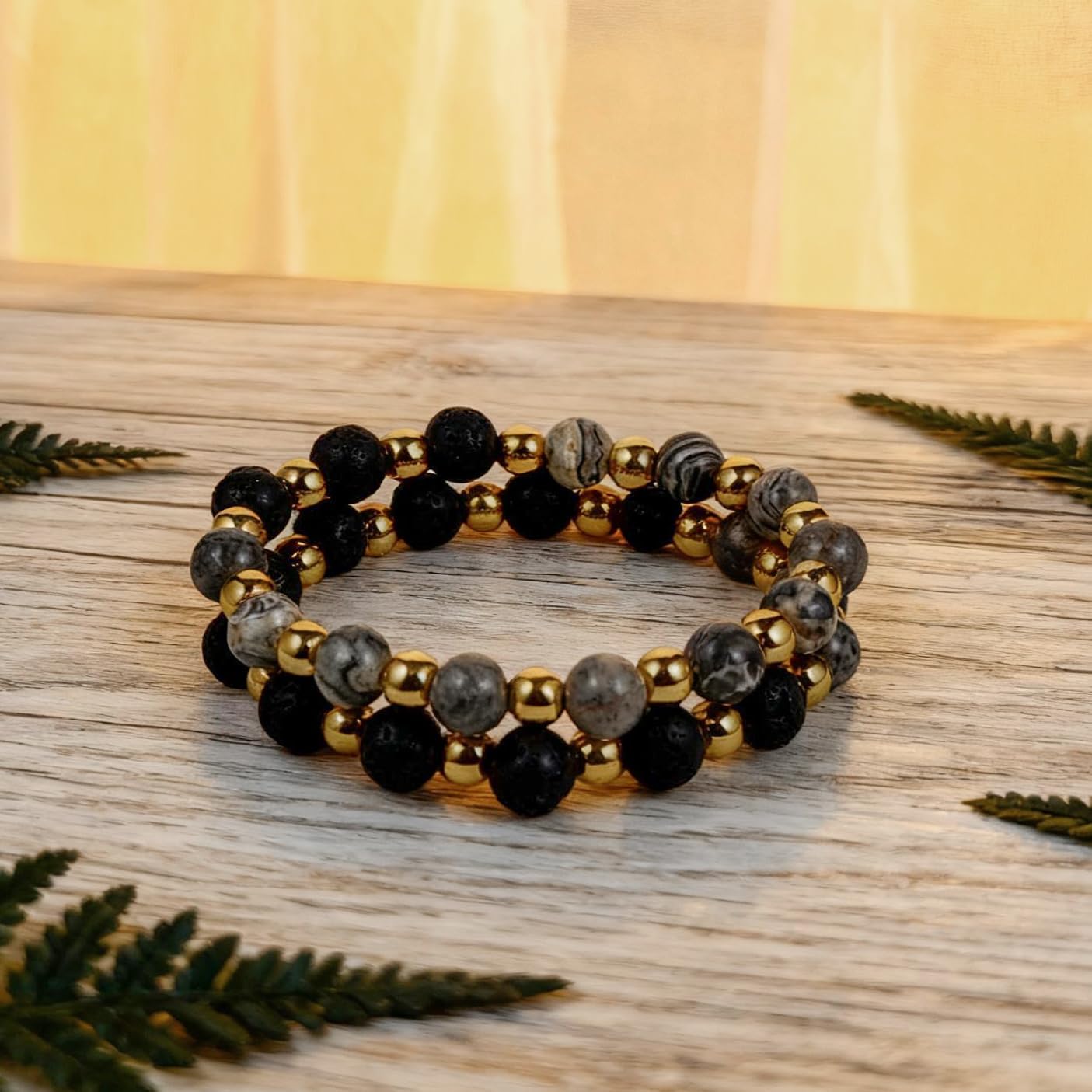 Caiyao 2Pcs Matte Lava Rock Volcanic Stone Beads Stretch Bracelet Stacking Essential Oil Diffuser Tiger Eye Seed Energy Yoga Bracelet for Men Women Couple Stress Relief Healing Aromatherapy Jewelry