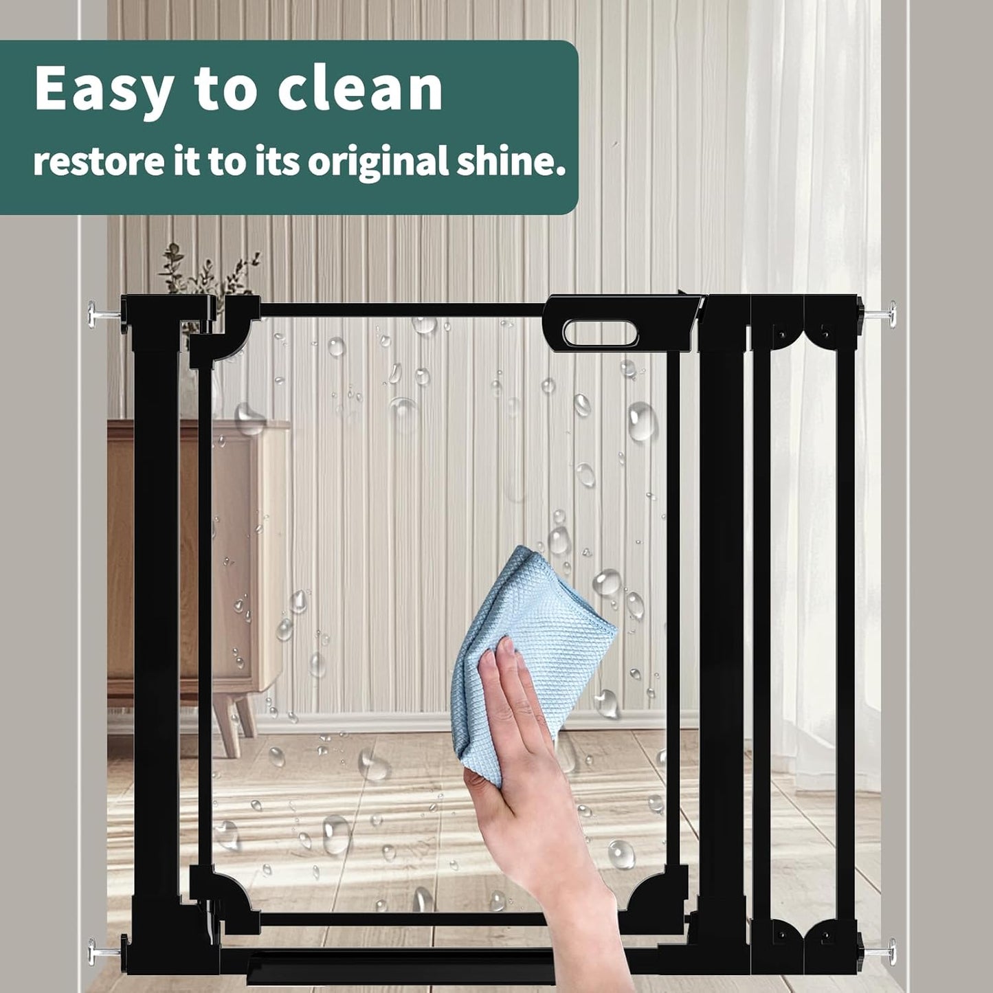 Clear Baby Gate 29.13-37.79" Wide Acrylic Safety Proof Dog Puppy Pet Barrier for Stairs, Transparent Adjustable Pressure Mounted No Drill Auto Close Indoor, Doorways, Hallway,Black