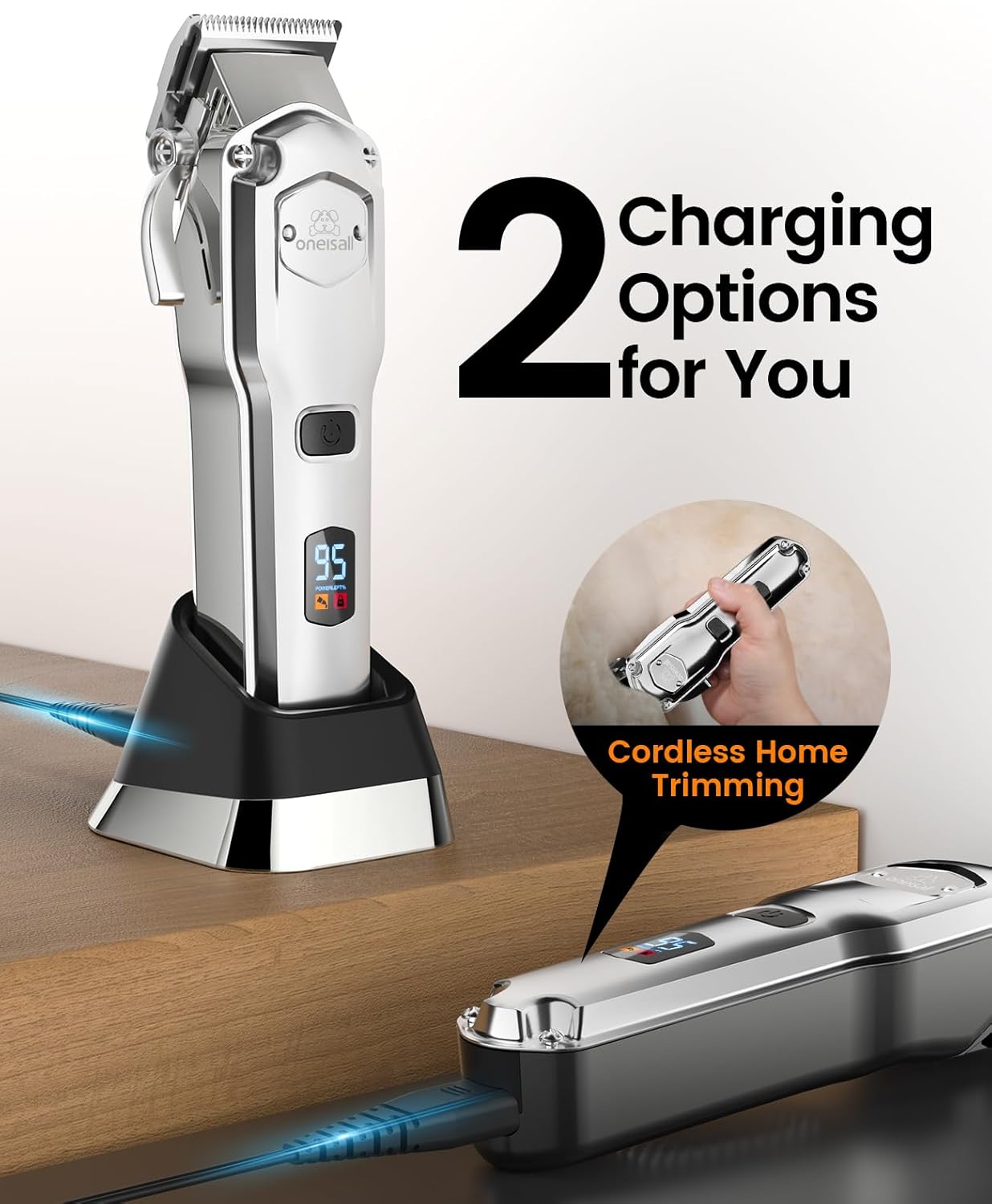 oneisall Professional Dog Grooming Clippers: Cordless Rechargeable Thick Hair Clipper with Detachable Metal Combs, Low Noise Heavy-Duty Pet Clippers for Curly/Fine/Wavy Hair, 676pro (Silver)