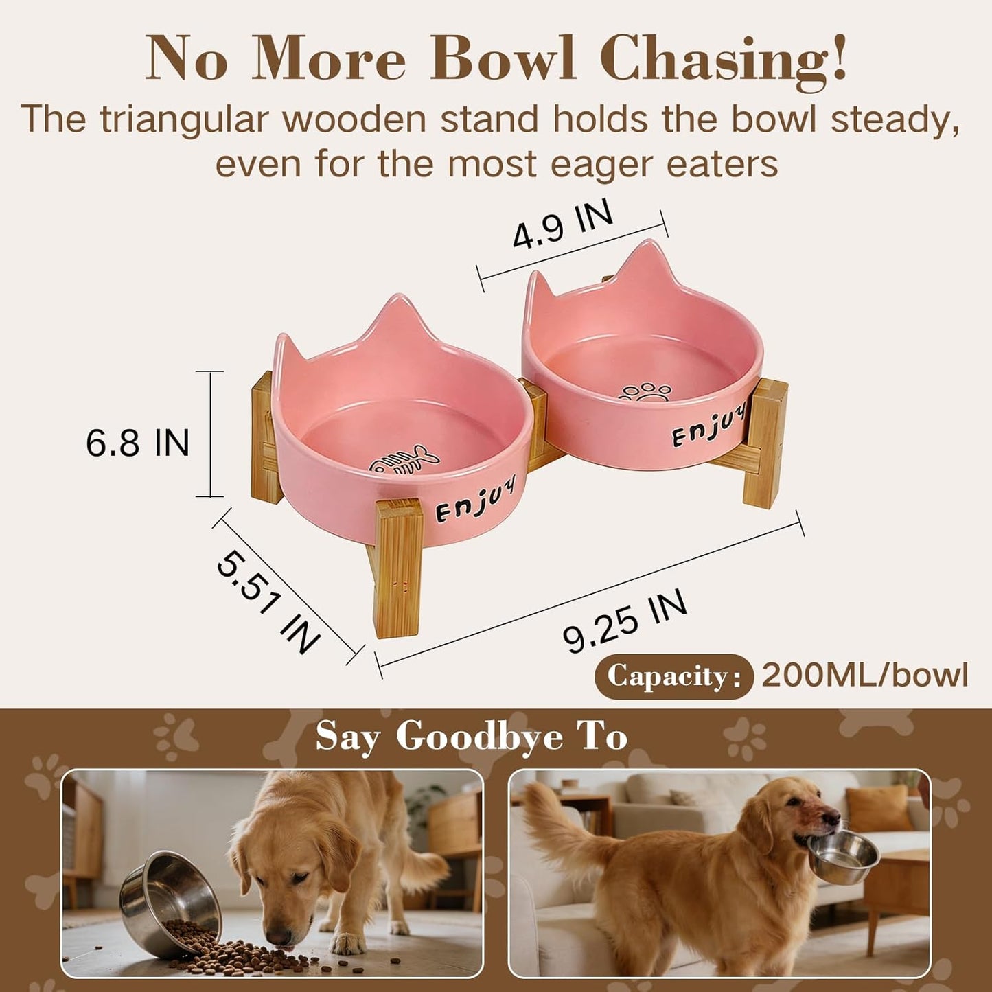 Puffluv Ceramic Dog and Cat Bowl Set with Wooden Stand Non-Slip Matte Glaze Weighted Food Water Cute Raised Feeder-Pink Cat Ear-6.76 OZ