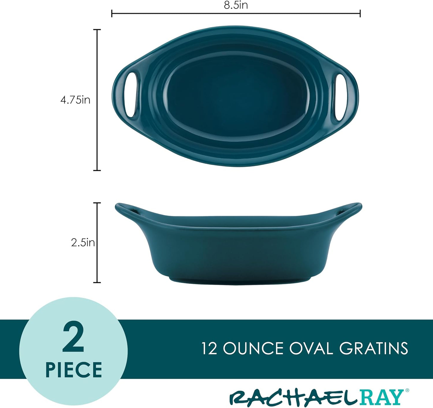 Rachael Ray Solid Glaze Ceramics Au Gratin Bakeware / Baker Set, Oval - 2 Piece, Teal