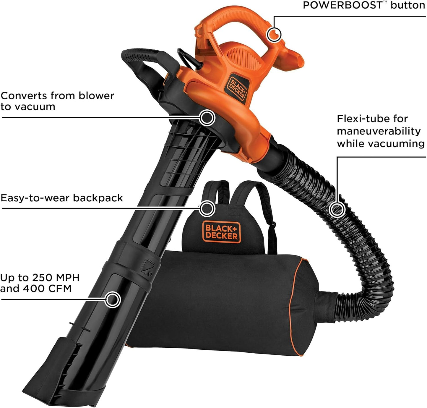 BLACK+DECKER Leaf Blower, Leaf Vacuum and Mulcher 3 in 1, Backpack Blowers for Lawn Care,250 mph Airflow, 400 cfm Delivery Power, Reusable Bag Included, Corded (BEBL7000)