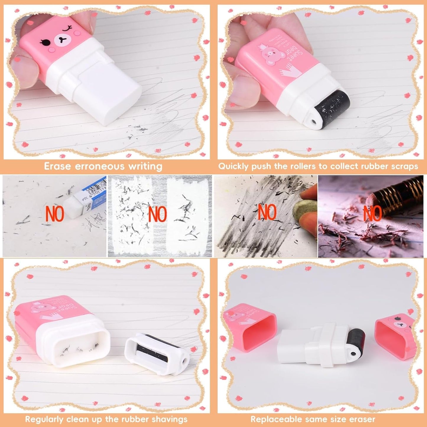 12Pack of Pencil Erasers,Pencil Eraser Shaving Roller Case for Easy Pick Up and Removal | Animal Themed Cute and Fun Party Favor and School Supplies for Kids,Back to School Gift
