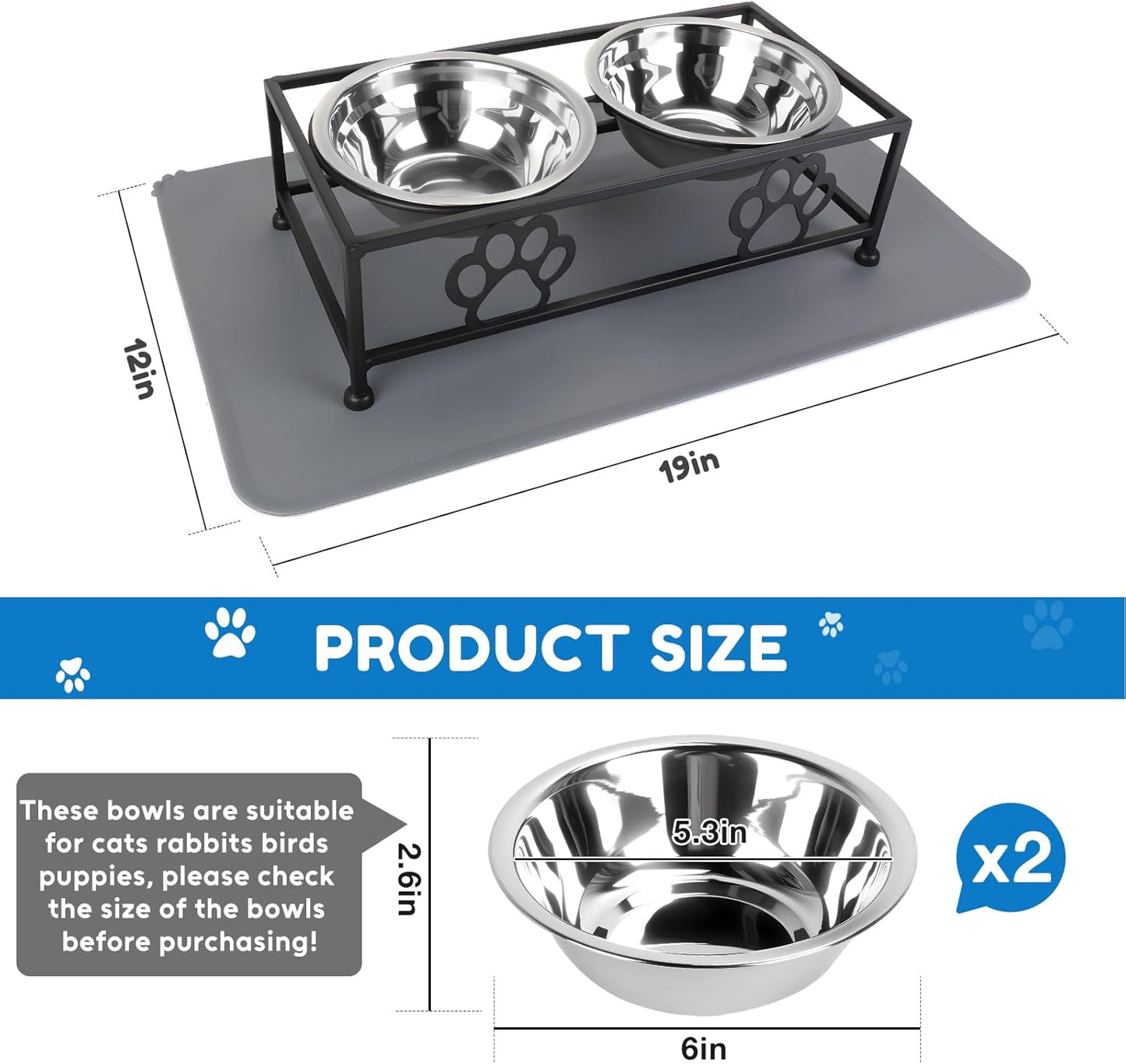 Elevated Cat Dog Bowls 2 Pack Raised Cat Dogs Bowls Stand with Non-Slip Slicone Mat Stainless Steel Elevated Pet Feeding Station (Black)