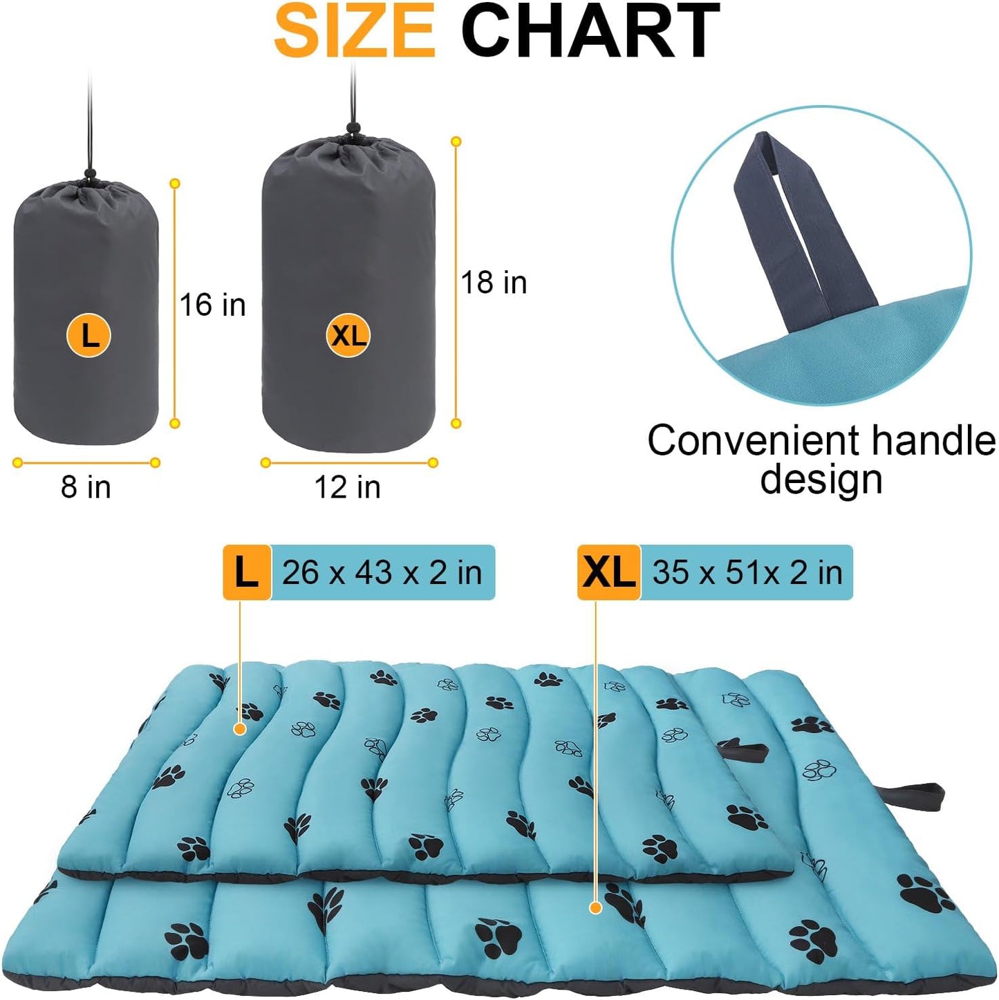 BEAUTYZOO Outdoor Dog Bed Waterproof, Camping Dog Bed Reversible, Portable Travel Bed with Carry Bag- Machine Washable, Durable, Foldable Outdoor Pet Bed Mat for Medium Large Dogs, 26” x 43“ Blue