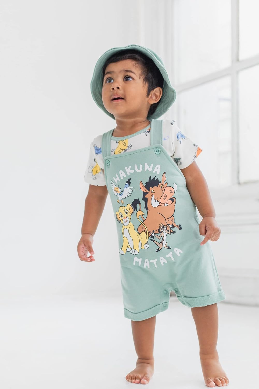 Disney Baby French Terry Short Overalls, T-Shirt and Hat 3 Piece Outfit Set Newborn to Infant Sizes (0-24 Months)