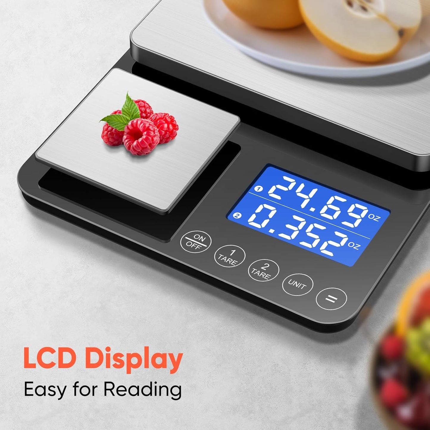 Dual Platform Digital Kitchen Scale, 33lb/15kg & 0.001oz/0.01g Precision, Two Scales in One, Coffee & Food Scale, Dual Display, Stainless Steel, Tare, g/oz/lb/ml