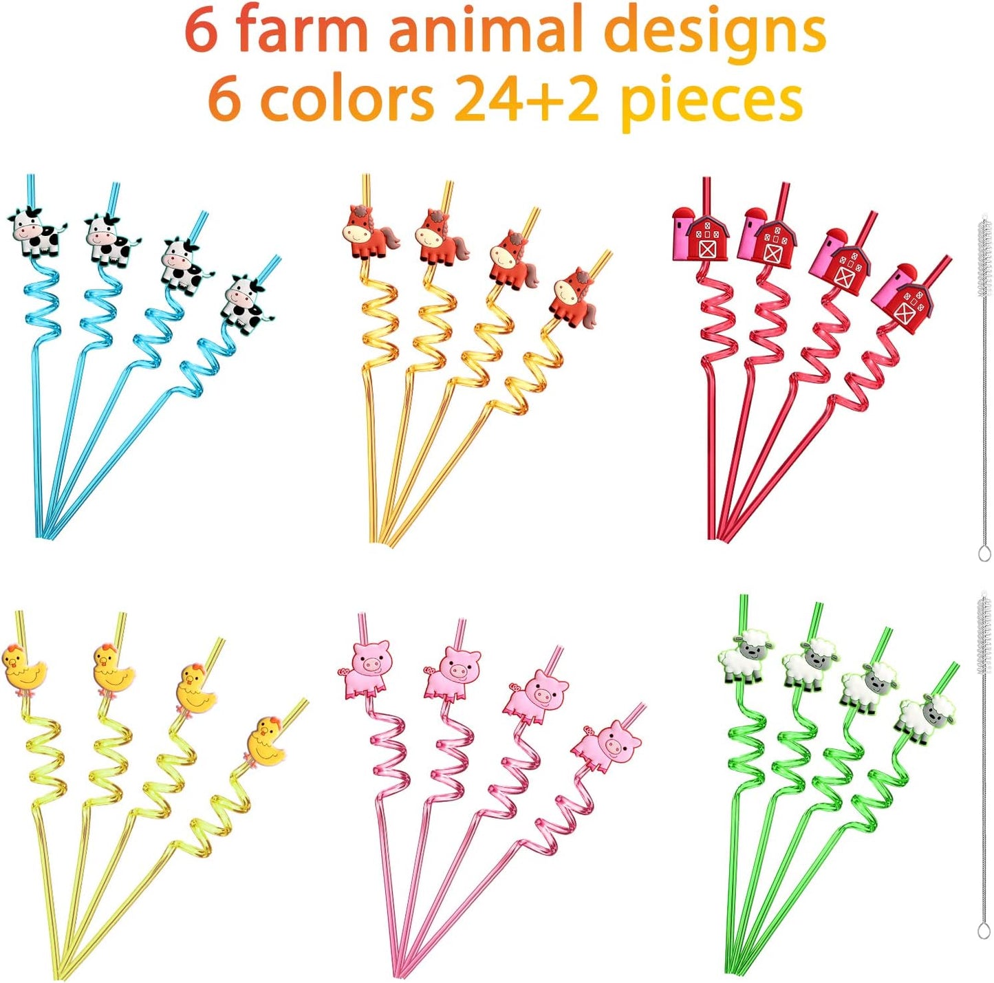 24 Reusable Farm Animal Plastic Straws Chicken Sheep Horse Cow Pig for Barnyard Farm Birthday Party Supplies Gift Favors with 2 Cleaning Brushes