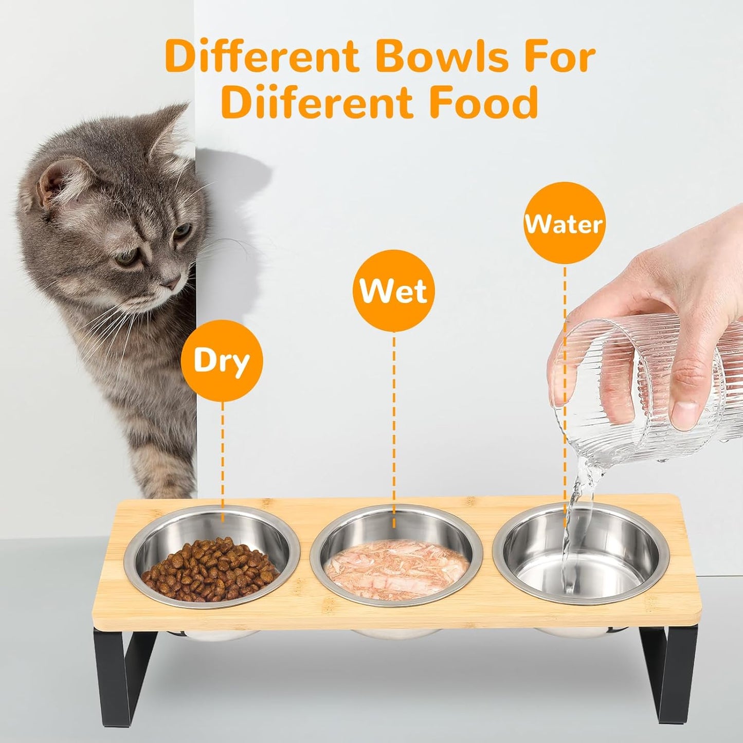 Elevated Cat Bowls with 3 Stainless Steel, 15° Tilted Raised Cat Bowl Set, for Indoor Cats for Small Cats and Puppies Pet Bowls with Stand
