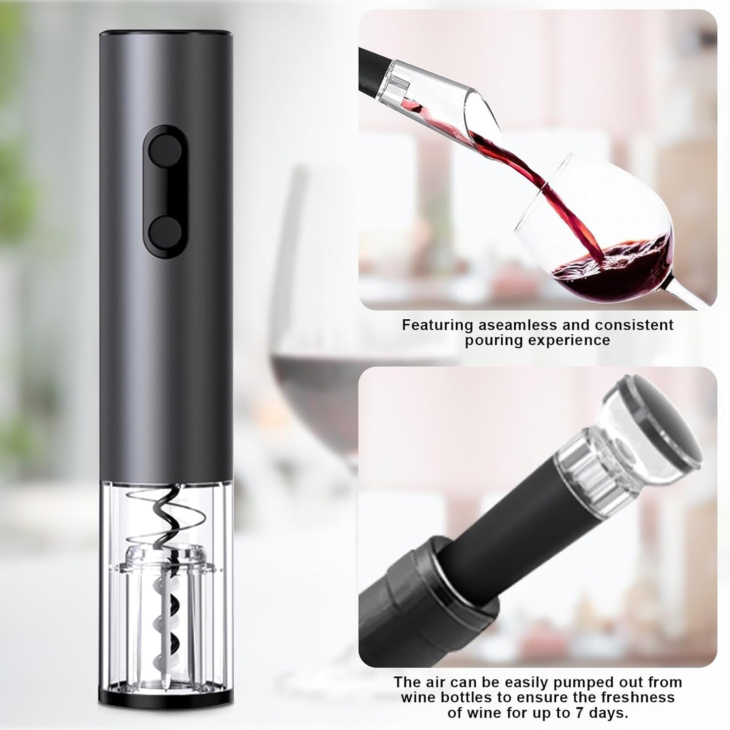 COKUNST Electric Wine Opener Set, 4-in-1 Wine Bottle Openers Set with Base, Automatic Corkscrew with Foil Cutter, Pour, Vacuum Stoppers for Home Party Wedding Bar - Battery Operated (Space Gray)