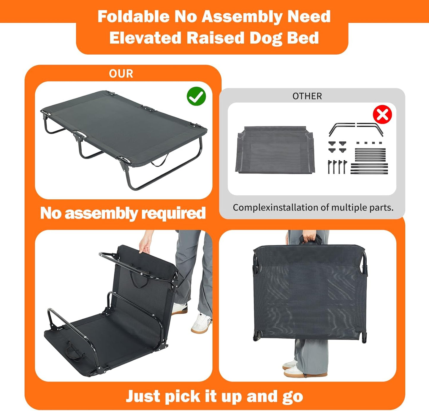 Elevated Dog Bed for Large Pet with No-Slip Feet, Foldable Portable Washable Raised Bed for Indoor&Outdoor Camping Dog Cot, with Cooling Waterproof Breathable Mesh (Medium, Black-Textilene)