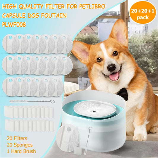 20 Pack Dog Water Fountain Replacement Filters for Petlibro Capsule Dog Fountain PLWF008,Pet Water Fountain Filter with Replacement Pre-Filter Pump Sponges with 1 Hard Brush.