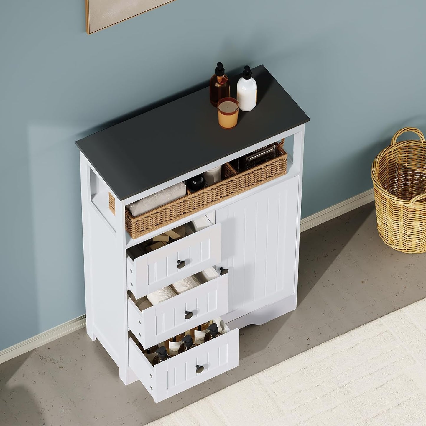 HOOBRO 28.3" Bathroom Storage Cabinet, Large Floor Cabinet, Freestanding Bathroom Storage Unit, 1 Cupboard and 3 Drawers, Adjustable Shelf, 28.3" L x 11.8" W x 37.8" H, White and Black