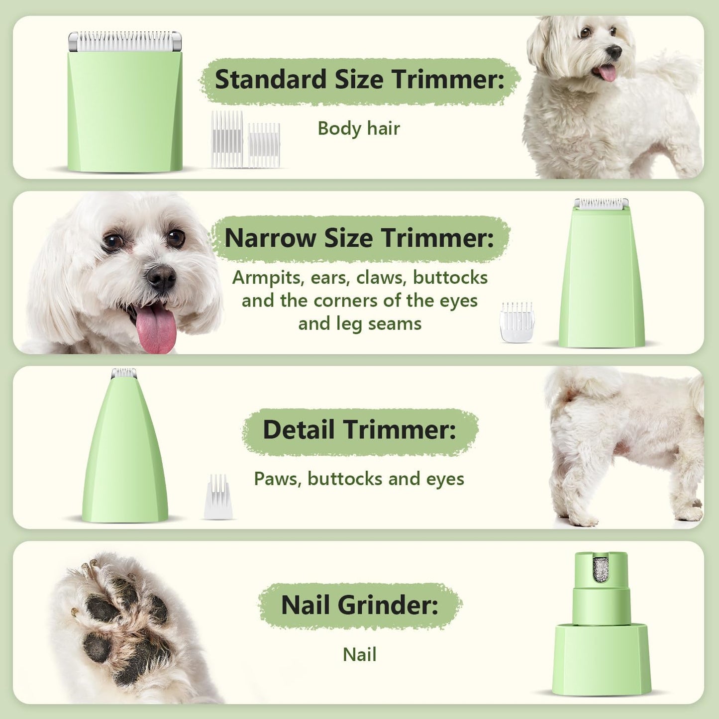 Dog Grooming Kit with LED Light, Low Noise Rechargeable 4 in 1 Pet Clippers for Matted Hair, Cordless Electric Cat Paw Trimmer Dog Nail Grinder, Grooming Supplies for Cat and Small Dogs