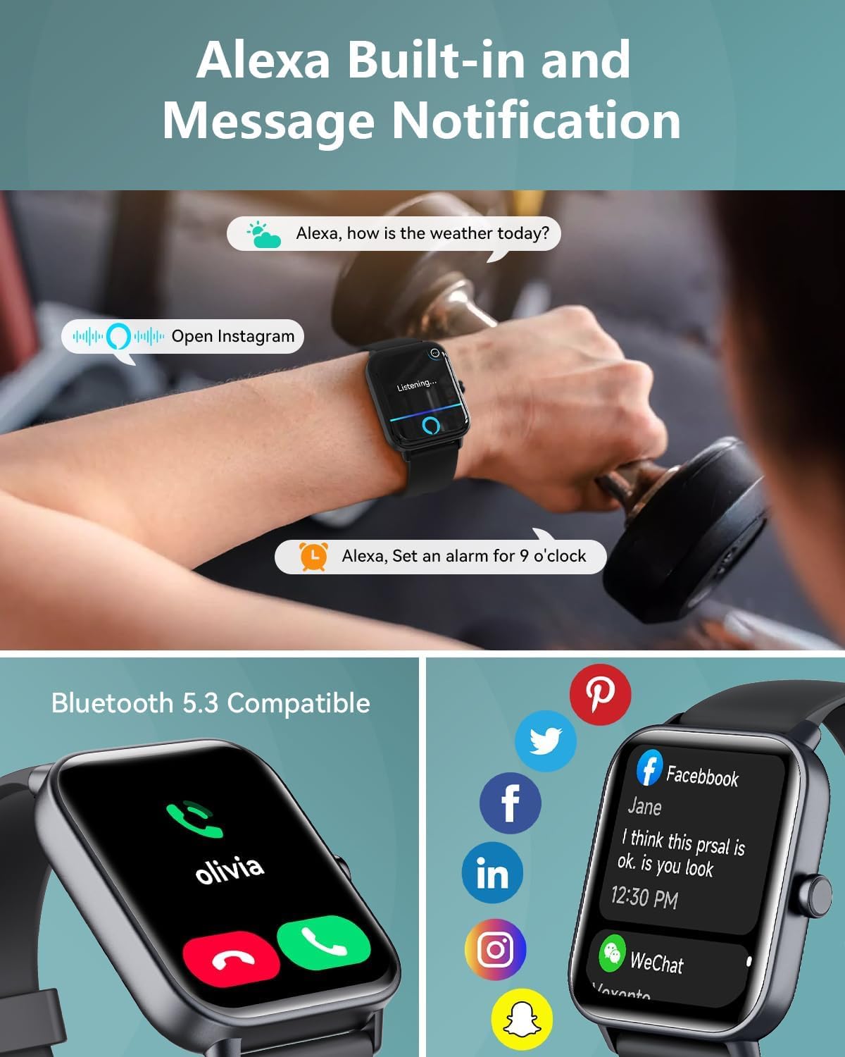 Smart Watches for Women/Men, Smart Watch for Android Phones and iPhone Compatible, Alexa Built-in, 1.8" Fitness Watches for Women, IP68 Waterproof /Bluetooth Call, Heart Rate/Sleep Monitor, Two Bands