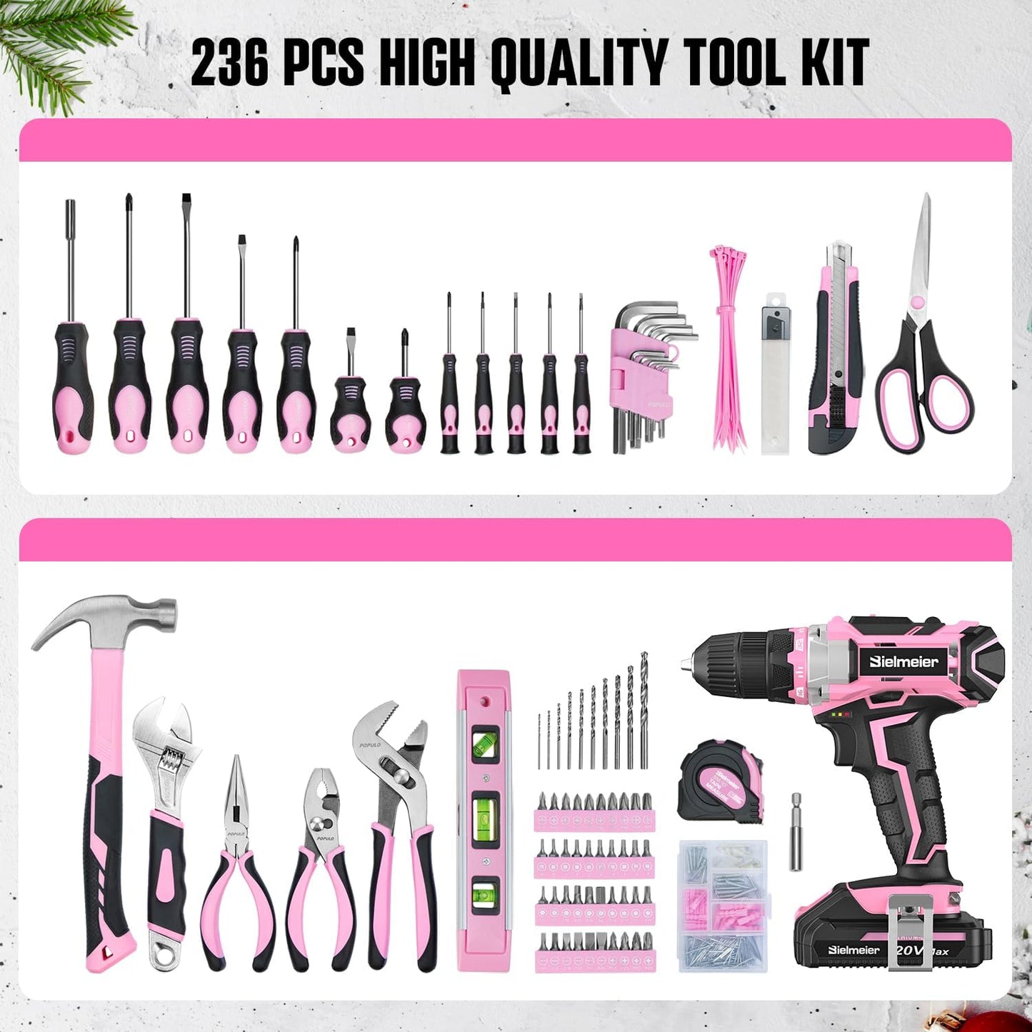 Bielmeier 20V 236Pcs Cordless Pink Drill Set for Women, Lady’s Essential Home Tool Kit with Pink Bag, Perfect DIY Electric Screwdriver Set for Home Repair & Gifts