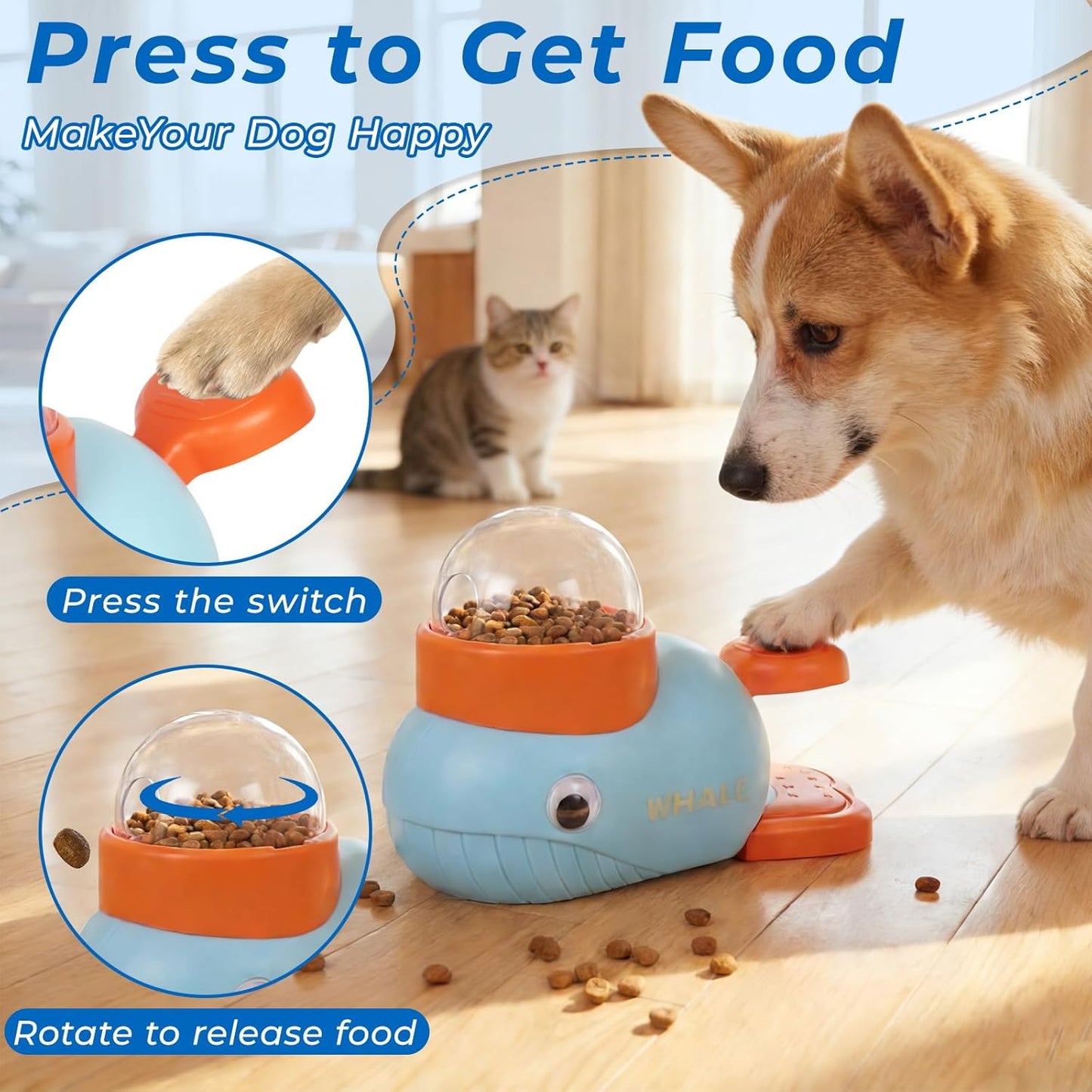 2-in-1 Interactive Dog Toy Food Puzzle Slow Feeder, Duck Shaped Toy cat Snack Dispenser can Reduce Abdominal Bloating (Yellow Duck and Light Blue Whale)