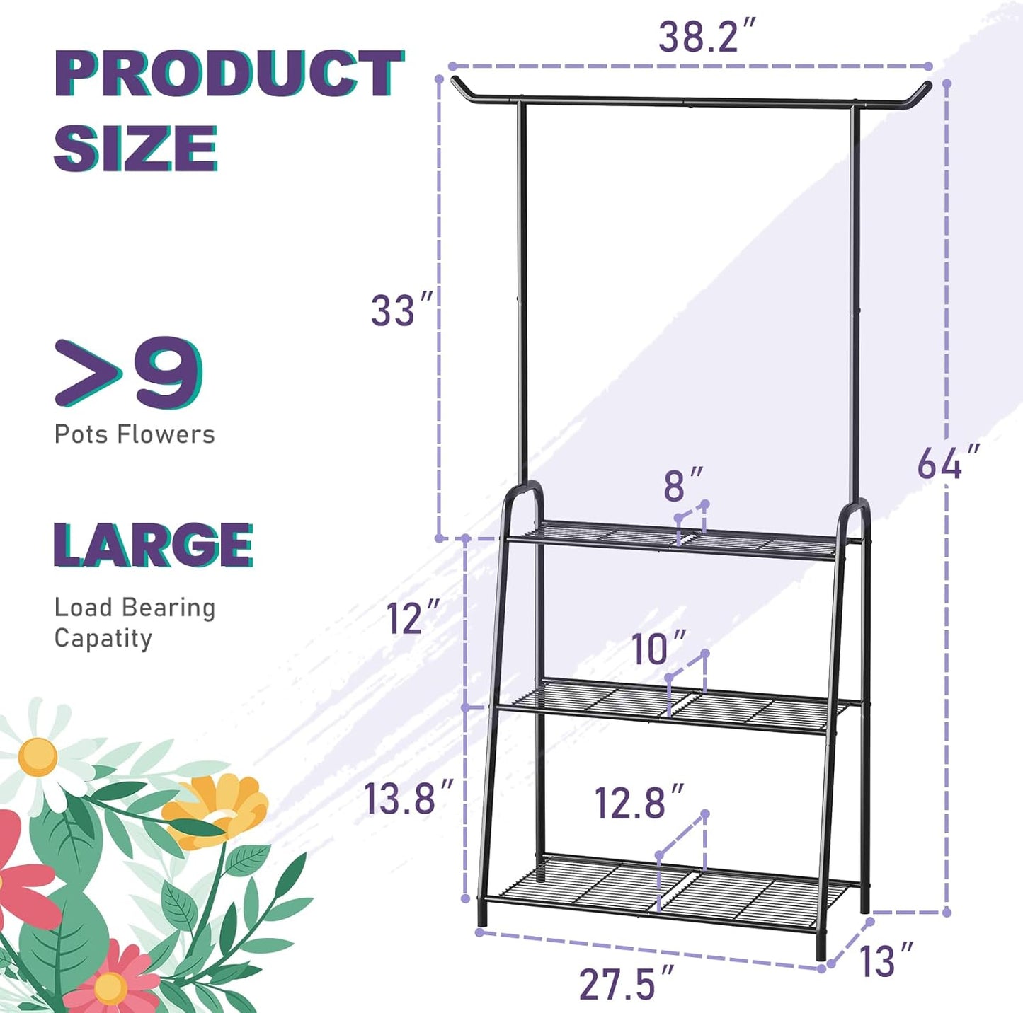 Metal Plant Stand Indoor Outdoor, 3 Tier Tall Corner Plant Shelf, Hanging Flower Ladder for Living Room, Balcony, Garden, Patio (Black)