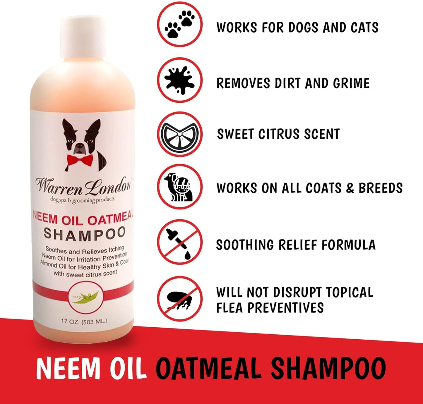 Warren London Neem Oil with Oatmeal Dog Shampoo - Deep Cleansing & Moisturizing for Sensitive Skin - Itch Relief & Odor Control - Made in USA - 17 oz