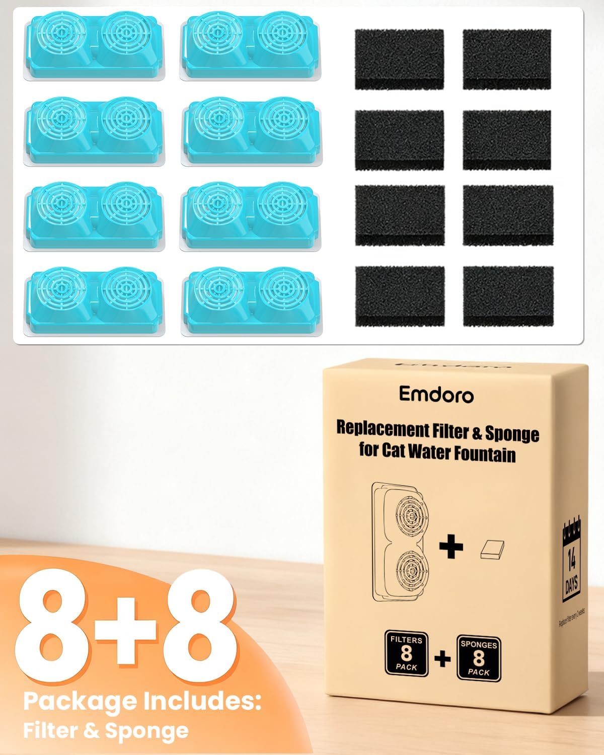 Official 8-Pack Replacement Filters and Sponges (4 Months Set) for 3.2L/108oz Stainless Steel Cat Water Fountain