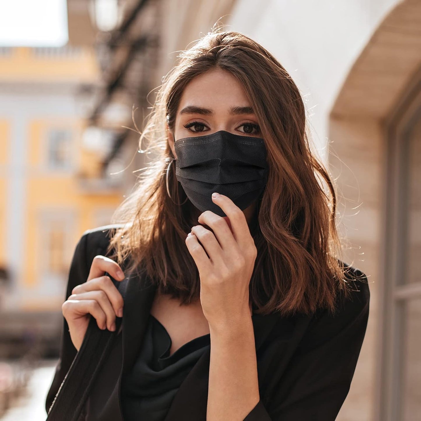 Disposable Face Masks 4 Layers, 2023 Upgraded 50PCS Black Mask with White Inside, Breathable Face Mask with Comfortable Wider Flat Elastic Ear Bands