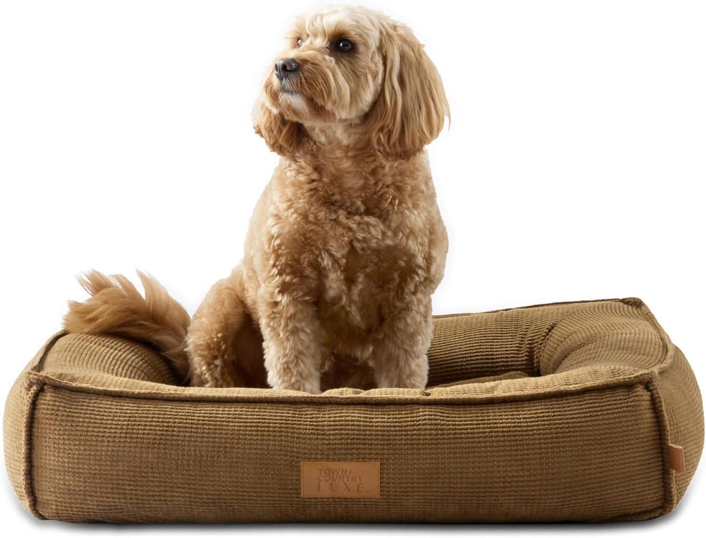 Town & Country Luxe CuddleTown Cozy Bolster Pet Bed, Ribbed Corduroy Texture, Machine Washable Cover, Soft, Cozy & Calming, Non-Slip Bottom, Brown, Medium 27"x22"x7"