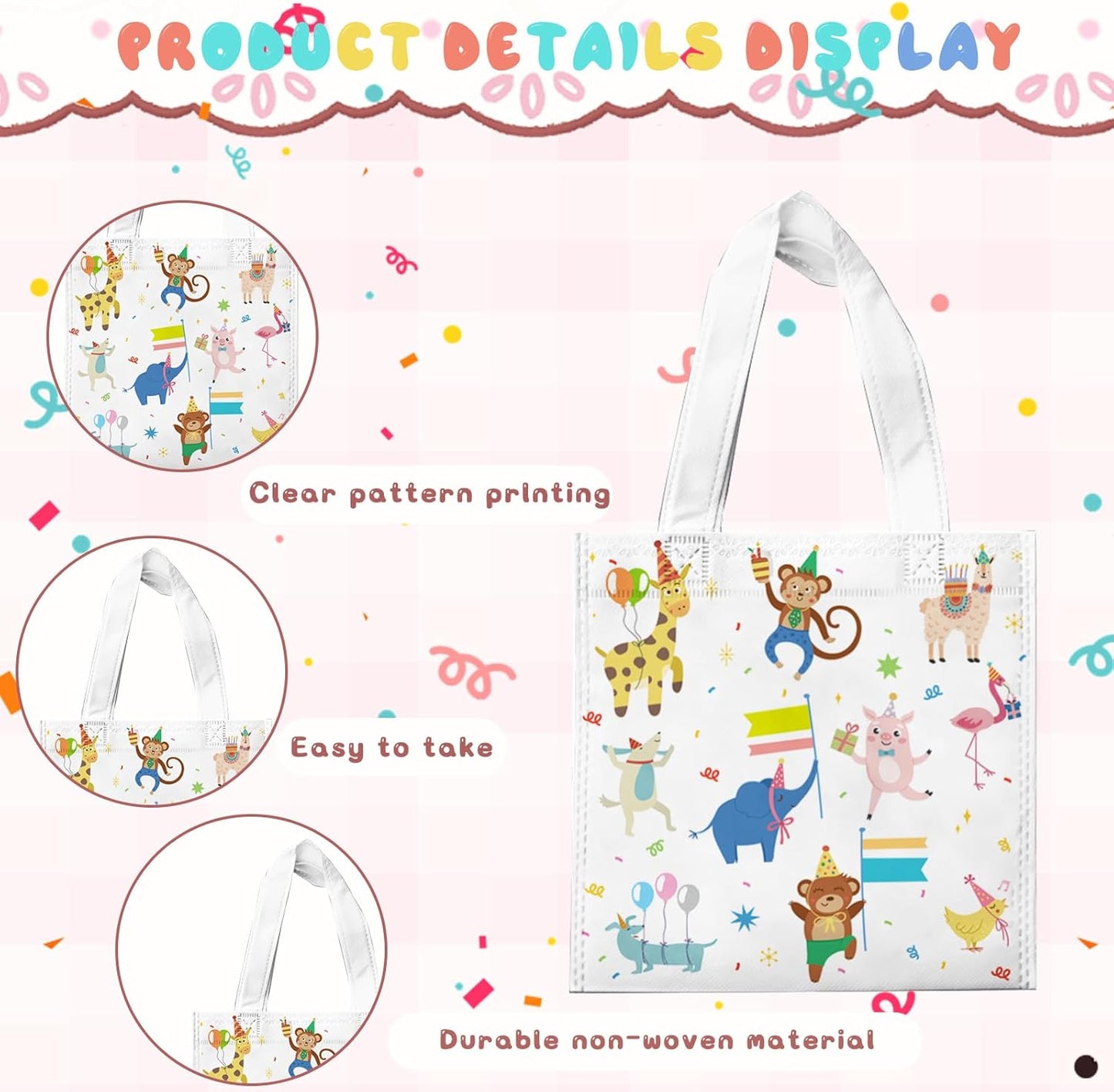 20 Pcs Animal Parade Gift Bags Jungle Animal Goodies Bags with Handles Reusable Non-Woven Bag for Safari Party Favors Wild Animal Birthday Baby Shower Zoo Animals Decorations Supplies
