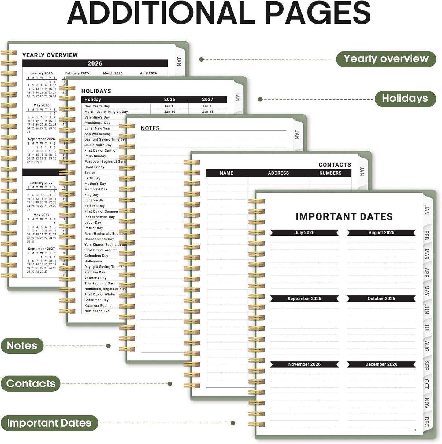 2026 Planner, Weekly and Monthly Calender Planner, Jan 2026 to Dec 2026, Hardcover 2026 Calendar Book with Tabs & Inner Pocket, Office Home School Supplies for Women & Men - A5 (6.3" x 8.5"), Green