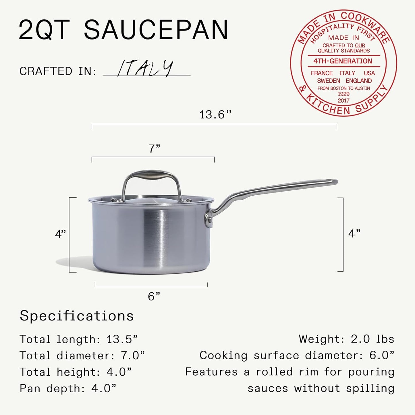 Made In Cookware - 2 Quart Saucepan with Lid - Stainless Clad 5 Ply Construction - Induction Compatible - Professional Cookware - Made in Italy