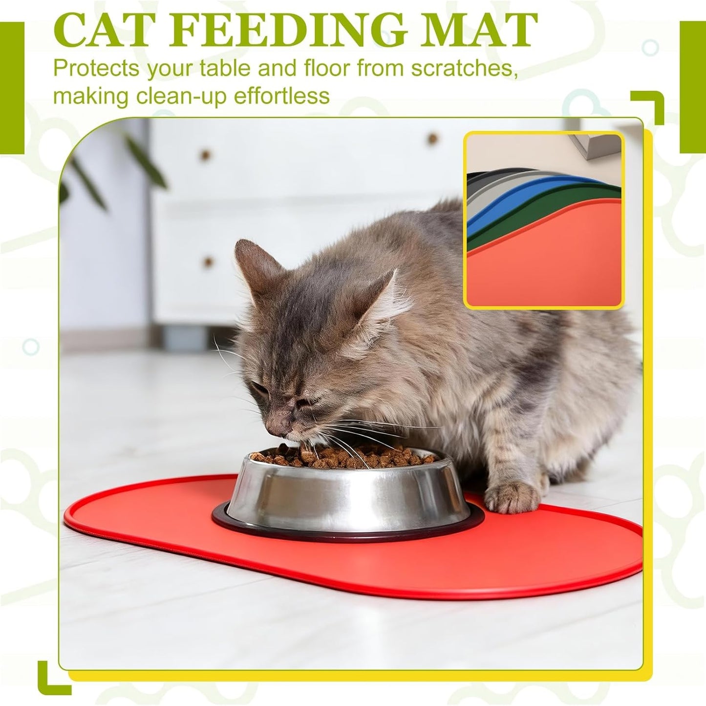 Cat Food Mat, 18x10 Inch Silicone Pet Feeding Mat Non-Slip Oval Waterproof Dog Water Bowl Tray Raised Edge Protects Floors (Orange), Intended for Pets Bowl/Fountain