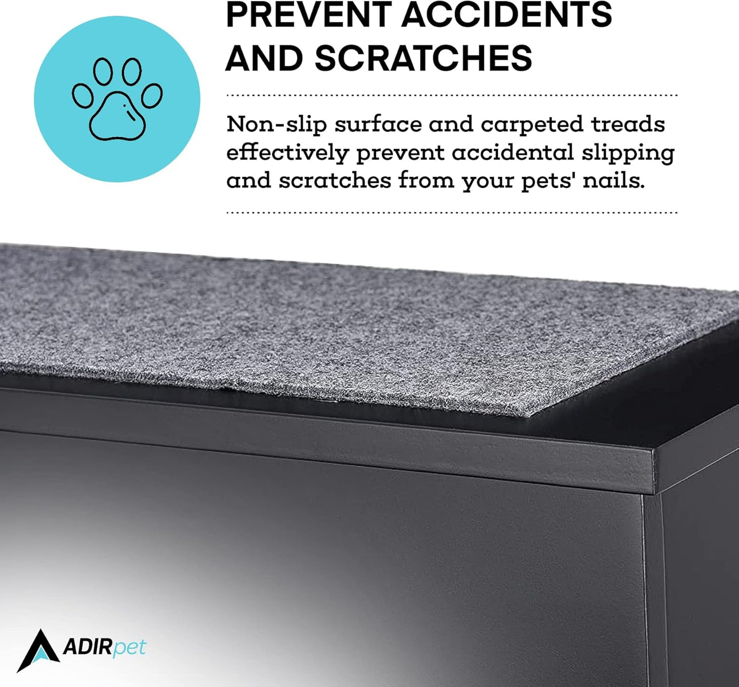 AdirPets Deluxe 3-Step Pet Stairs with Non-Slip Surface and Carpeted Treads - Sleek Pet Steps for Small Dogs, Cats, Elderly or Disabled Pets - Supports Up to 175lbs Weight - Black