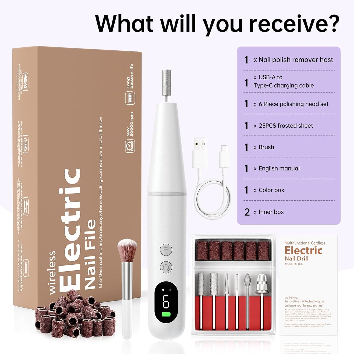 Electric Nail Drill Kit, Electric Nail File Cordless Nail Drill Machine for Acrylic Gel Dip Powder Nails, Professional Portable Manicure Pedicure Rechargeable Lightweight for Home Salon Use