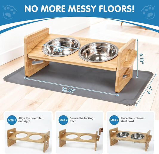 Elevated Dog Bowls for Small Dogs and Cats - 3 Heights Adjustable Bamboo Raised Pet Food Bowl Stand with Spill-Proof Non-Slip Mat, 2 Stainless Steel Dishes, 15° Tilted Ergonomic Feeder