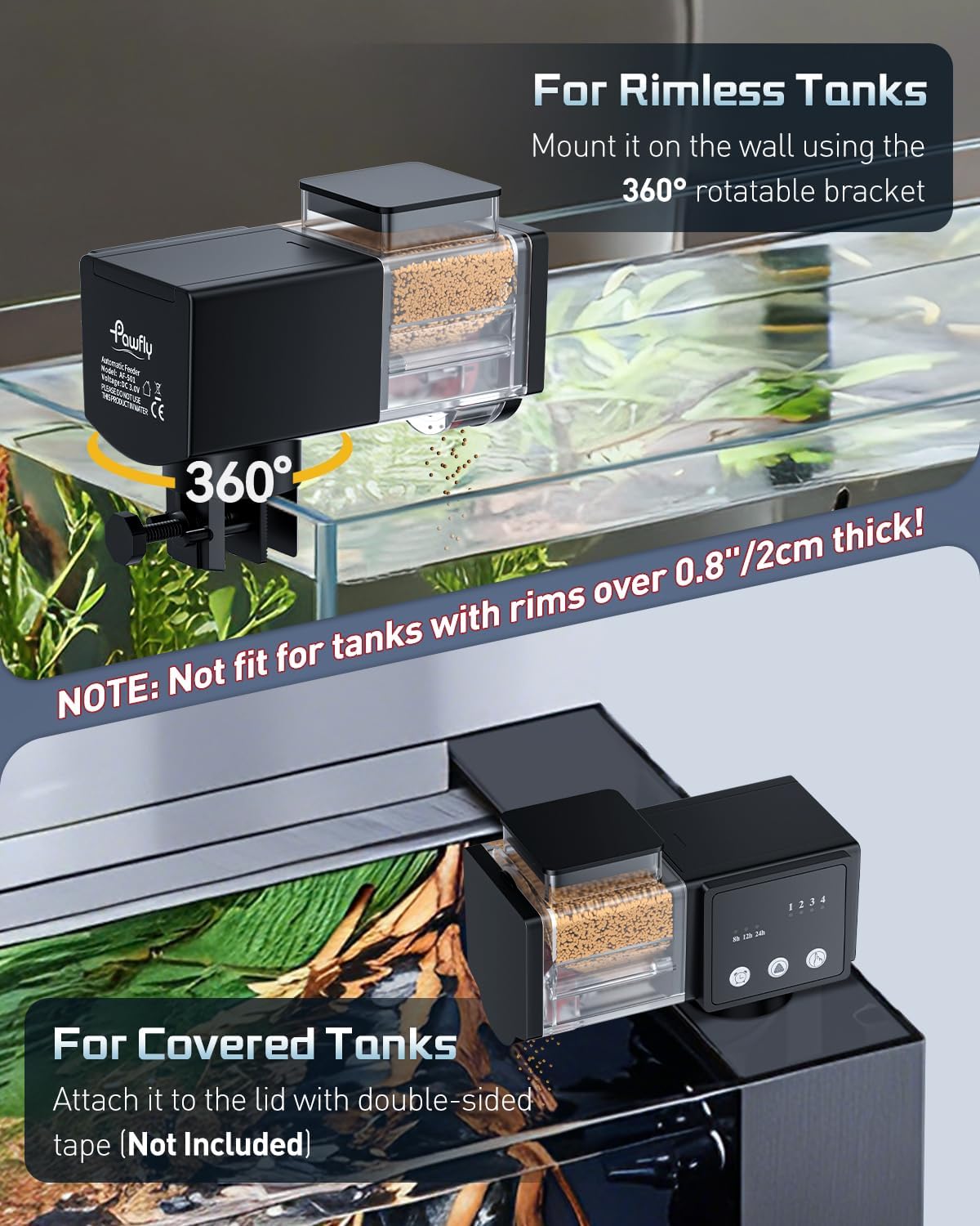 Pawfly Automatic Fish Feeder for Aquarium, 85 mL Auto Fish Feeder Automatic Dispenser, Adjustable Auto Fish Food Dispenser with Timer, Fish Food Vacation Feeder, Battery Operated (Not Included)