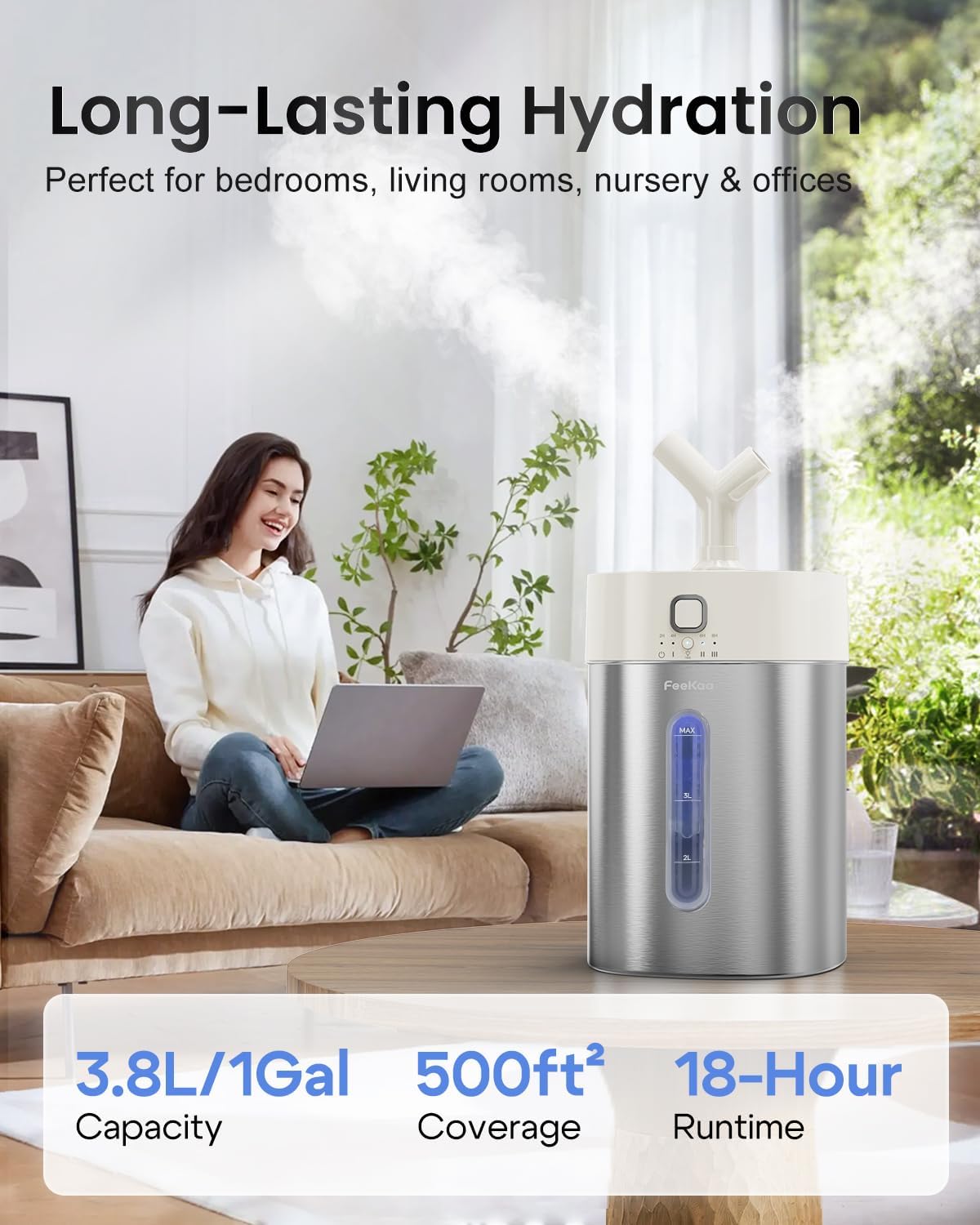 Feekaa Stainless Steel Humidifier, 3.8L/1Gal Cool Mist Humidifiers for Bedroom up to 500 sq ft, Easy Clean Dishwasher Safe Humidifiers for Baby, Humidifier Large Room Nursery Living Room Office, White