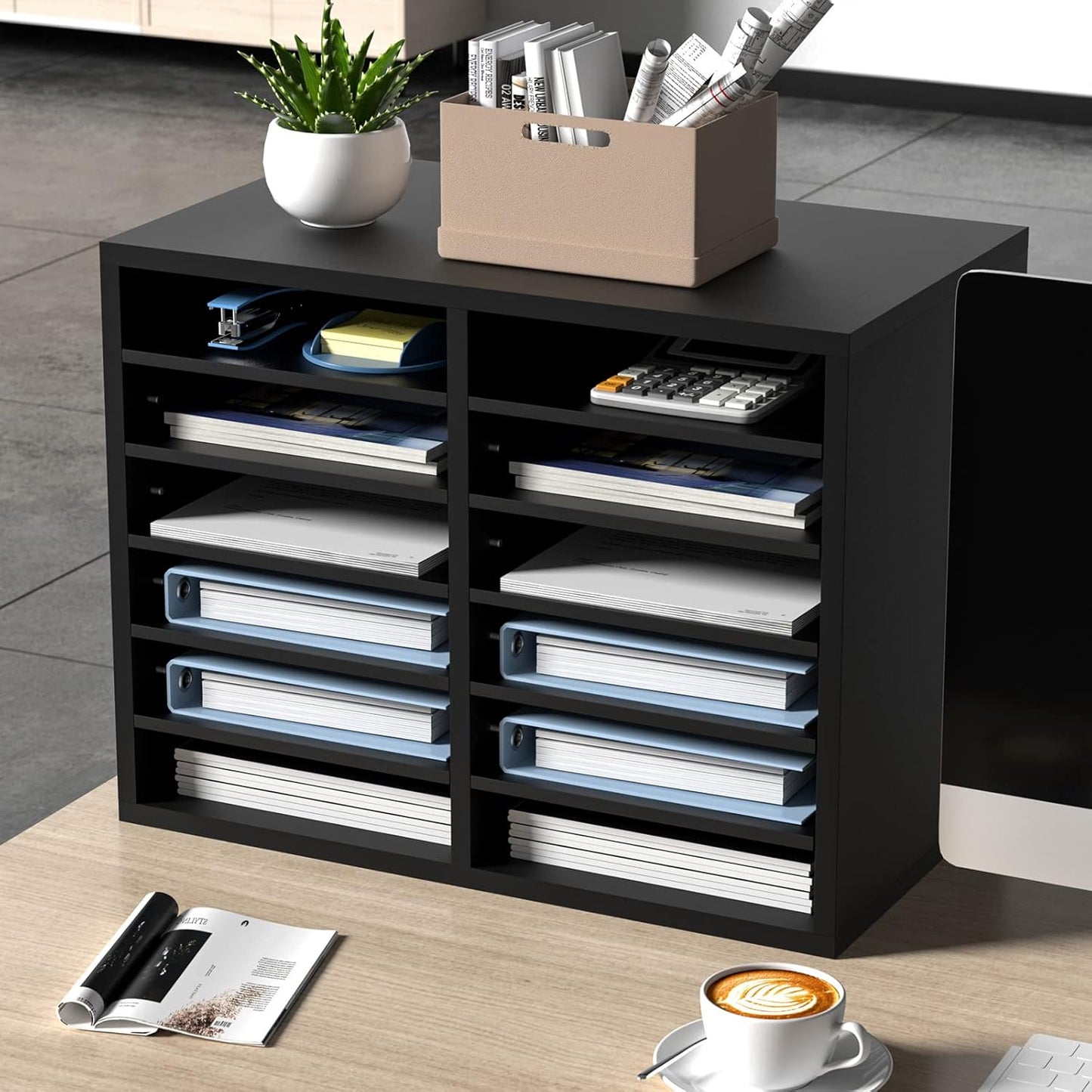 VEVOR Literature Organizers, 12 Compartments Office Mailbox with Adjustable Shelves，Wood Literature sorter 20.4x12x16.1 inches for Office, Home, Classroom, Mailrooms Organization, EPA Certified Black