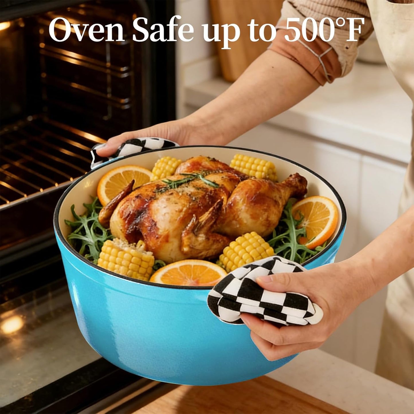 Enameled Cast Iron Dutch Oven with Lid -6.5 QT, incl. Sourdough Bread-Baking Supplies like Banneton Proofing Basket, Heavy Duty Cookware Bread-Oven for Baking, Stews, and Roasting, Sea Blue