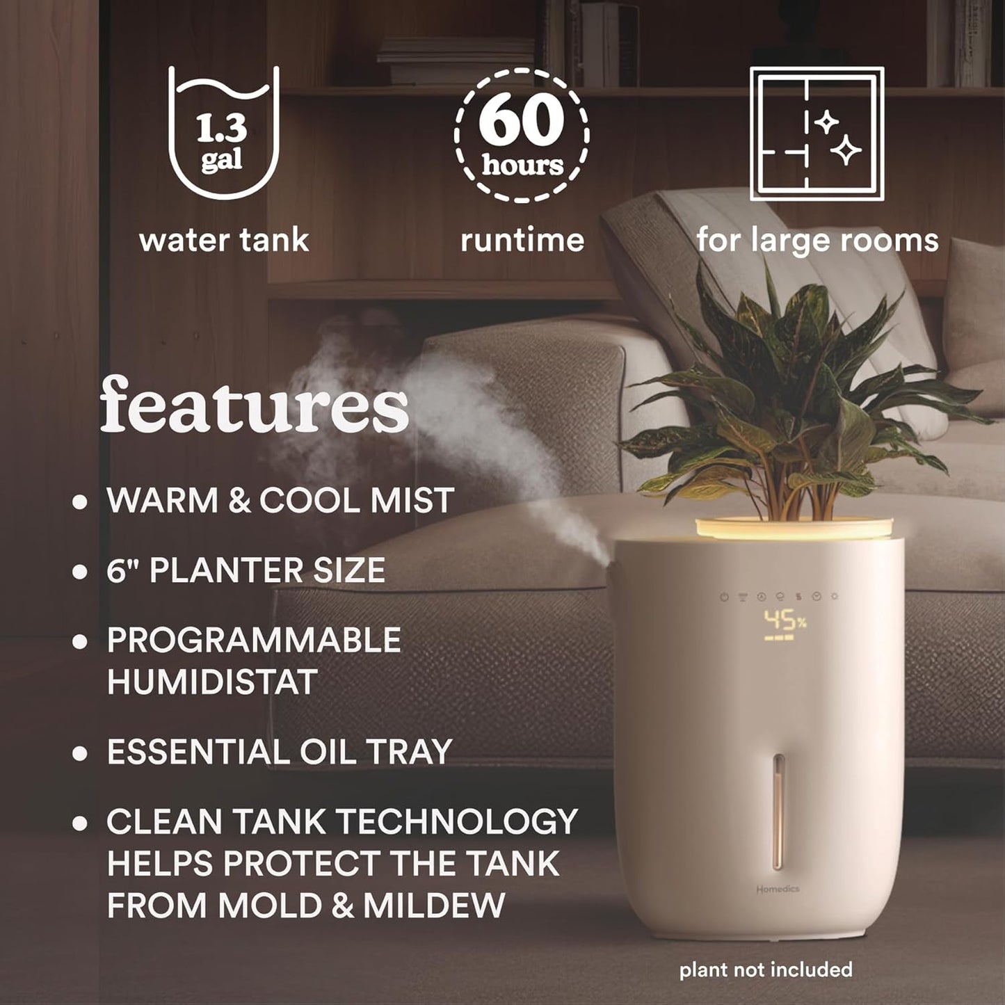 Homedics Natura Ultrasonic Warm & Cool Mist Humidifier, 1.3-Gal for Large Rooms, 60-Hr Runtime, Plant Holder, Programmable Humidity, Auto Shutoff, Nightlight Small Pot Compatible(Plant Not Included)