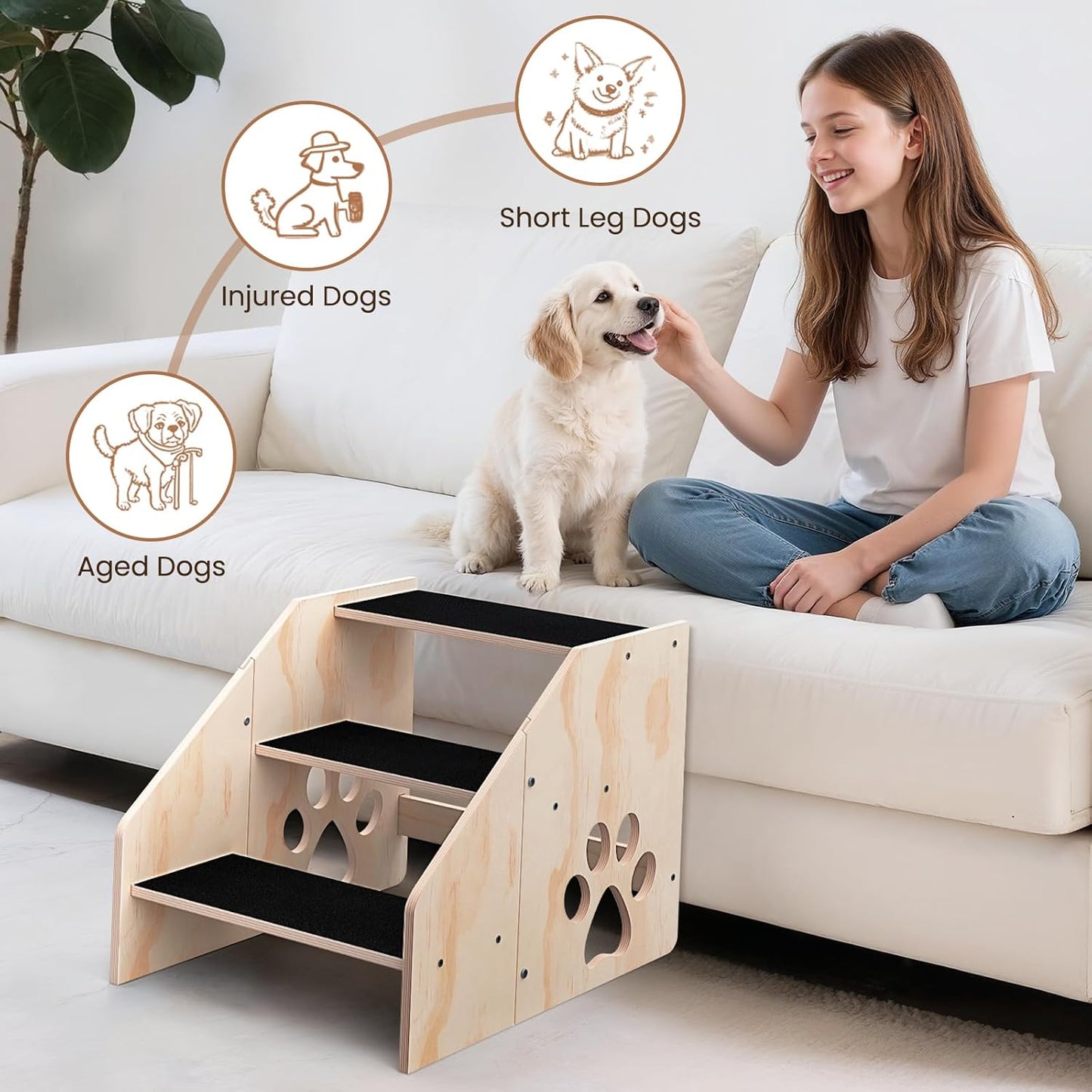 Dog Stairs, Wooden 3-Step Dog Ramp for Small Medium Large Older Cat, Puppy Essentials Pet Step Ladder for High Bed Couch Car