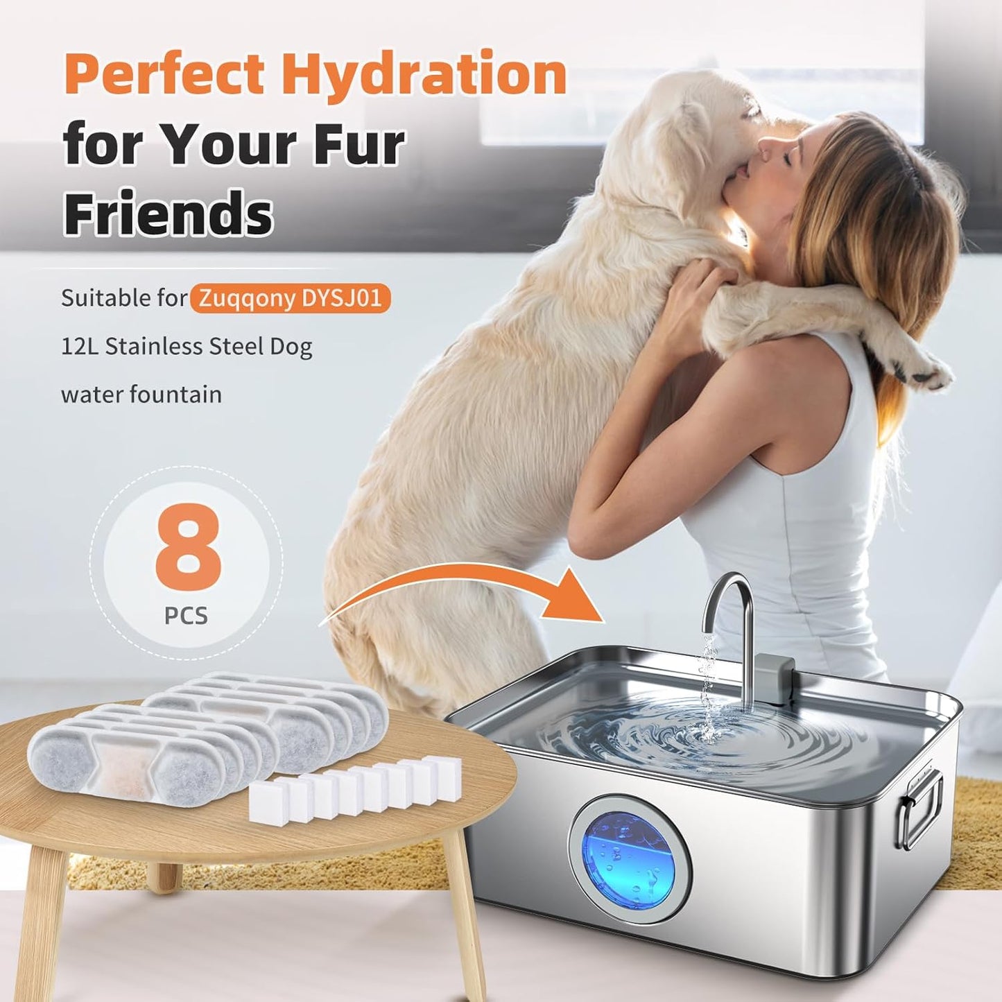 8 Pack Dog Fountain Filter Replacement for Zuqqony 12L/3.2Gal Stainless Steel Large Dog Water Fountain, DYSJ01 Dog Water Bowl Dispenser for Large Dogs or Multi-Pet Home