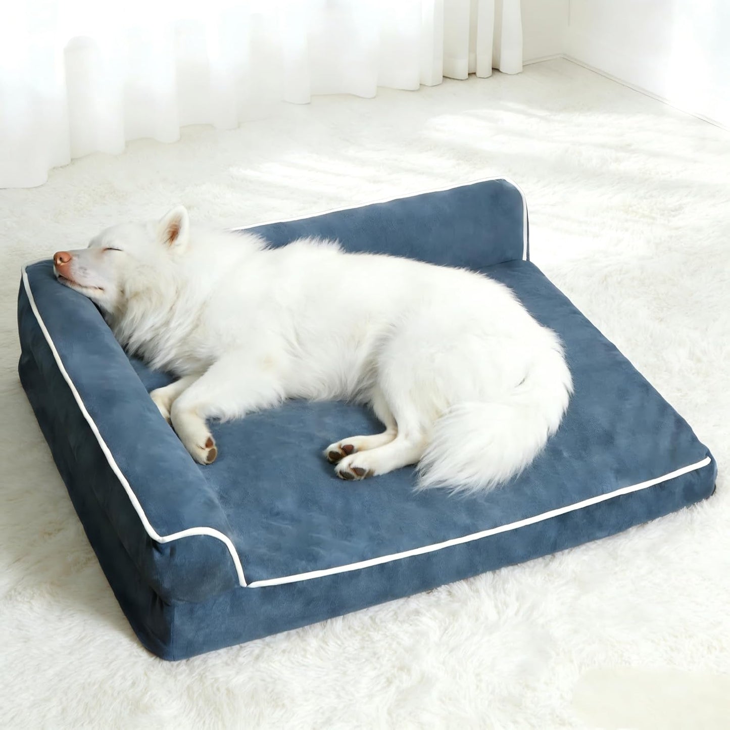 Orthopedic Dog Bed with Pillow L-Shape Dog Sofa for Large Medium Dogs, Dogs Couch with Removable Washable Cover, Pet Bed with Nonskid Bottom(Blue, Medium(30x20in))