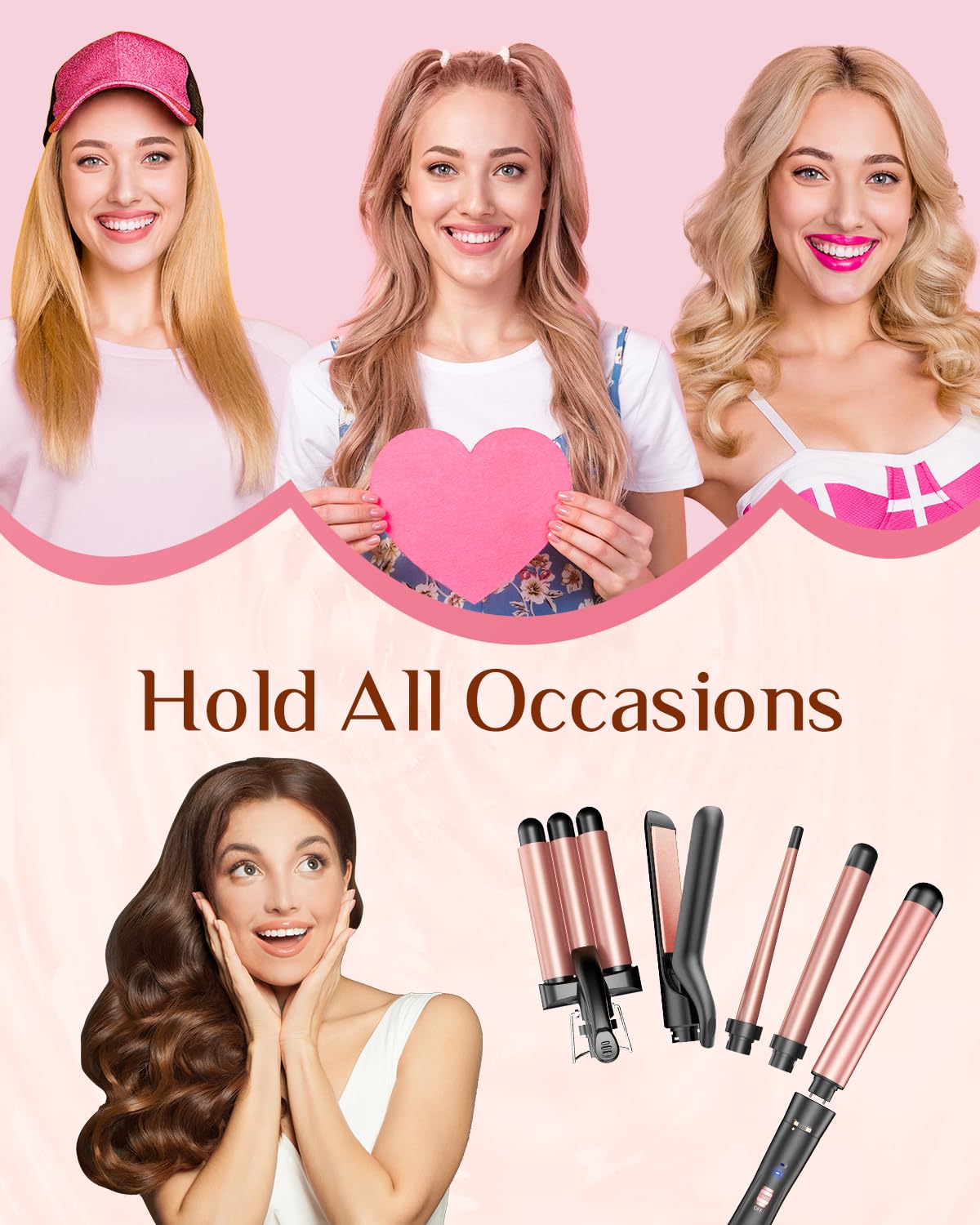 5 in 1 Wand Curling Iron-Kinked Curling Wand Set with Flat Iron Hair Straightener, 3 Barrels Hair Crimper, 3 Ceramic Curling Irons (0.35"-1.25"), 2 Temps Fast Heat Hair Waver Curler with Glove & Clip