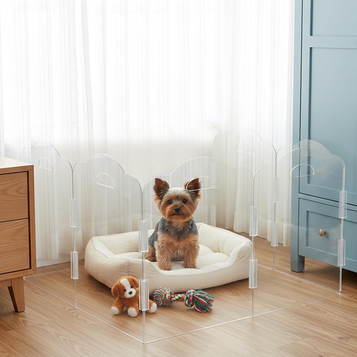 Transparent Acrylic Dog Gate Indoor, Free-Standing Pet Gate, 16" Height (Size S) Foldable 12 Modular Panels, Dog Fence for Doorways, Hallways, Stairs, No Drilling, Perfect for Puppies and Small Pets