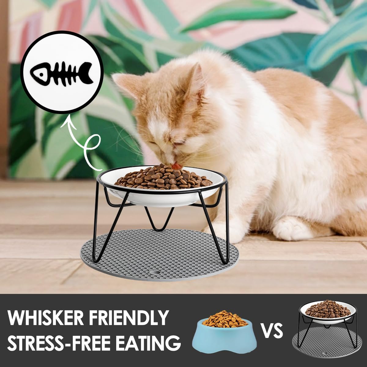2 Pcs Elevated cat Bowls,Raised Ceramic Cat Dish with Metal Stand,Whisker Friendly,Non-Slip Mat,Pet Feeding Food Bowls Stand,Kitten Plate(2 Fish)