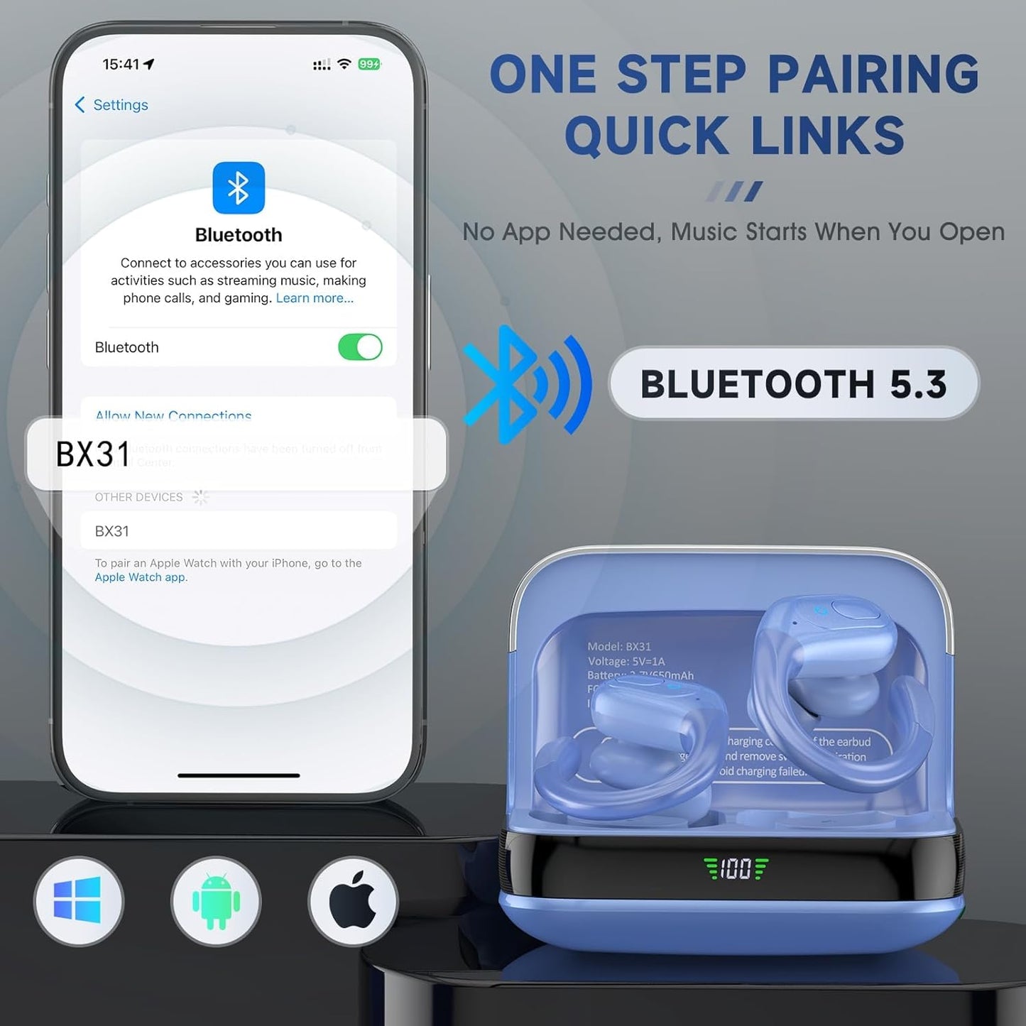 Wireless Earbuds Bluetooth 5.4 Headphones, Noise Canceling Ear Buds with 75hr Playtime, LED Power Display, IPX7 Waterproof Earphones Over Ear Earphones for Sports/Workouts