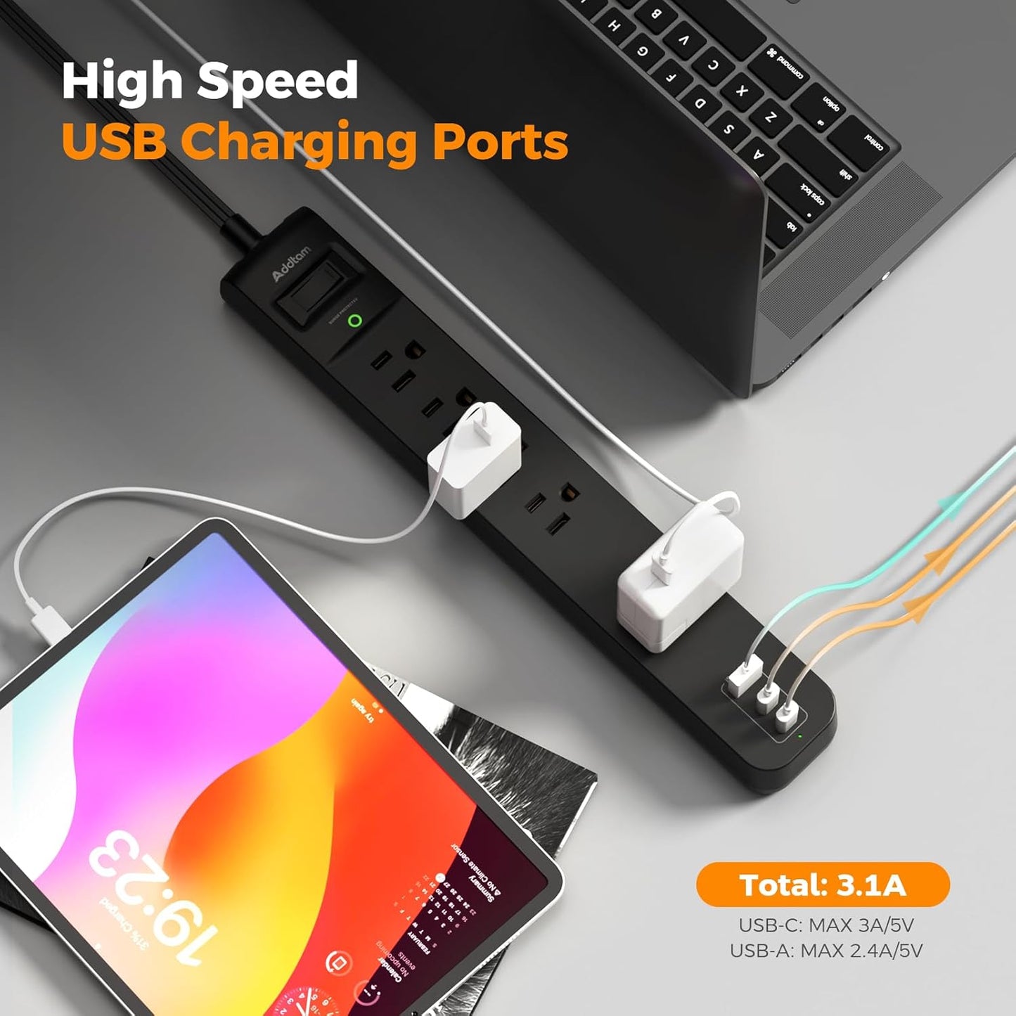 6Ft Power Strip Surge Protector - Addtam Extension Cord with 5 AC Outlets 3 USB Ports(2 USB C), 1875W/15A, Flat Plug, Outlet Extender for Home Office Supplies College Dorm Room Essentials,ETL Listed