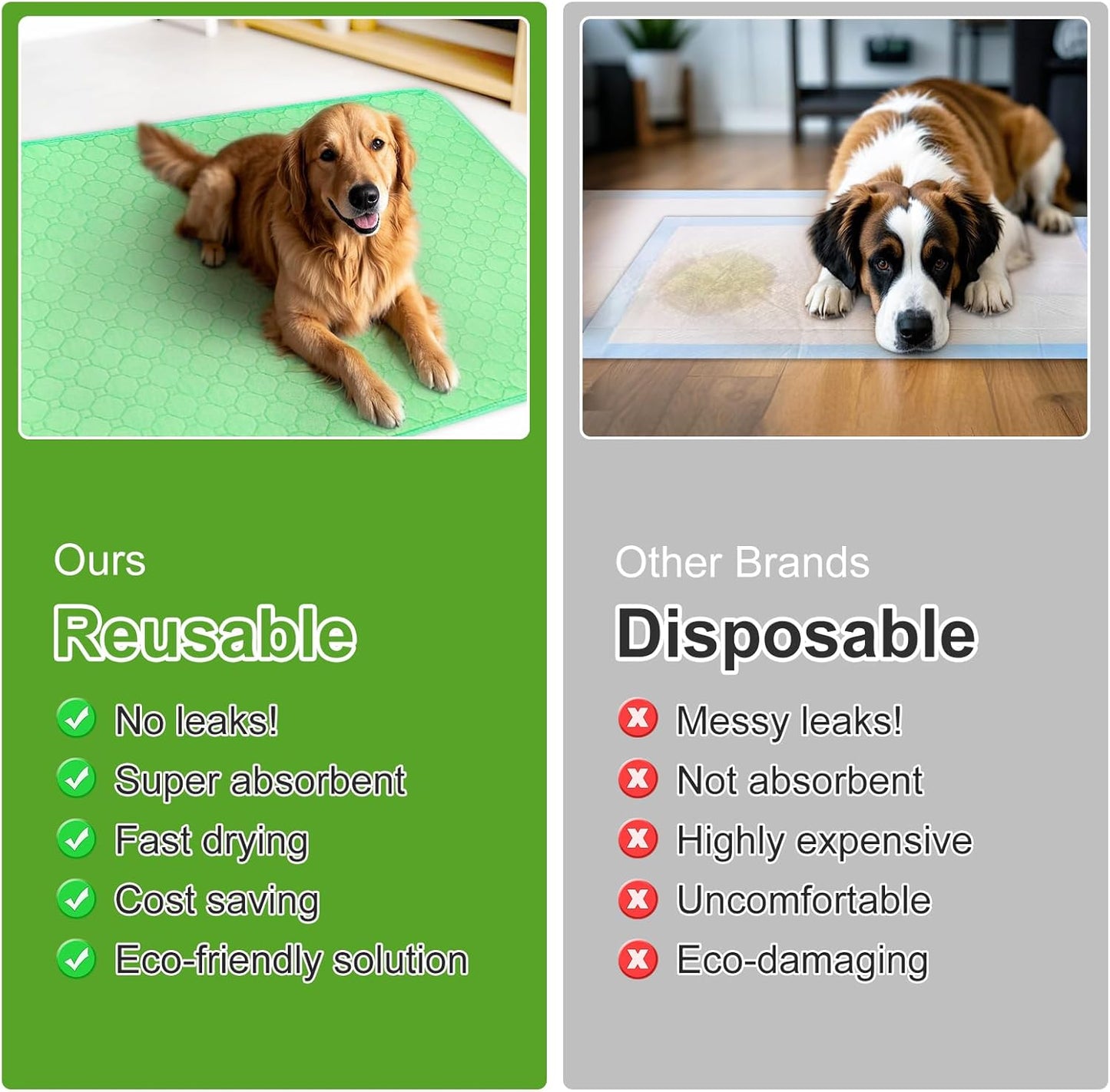 Enmaipet 2 Pack 40"x28" Green Extra Heavy Absorbency Washable Underpads, Waterproof Quick-Drying Reusable Incontinence Bed Pads Dog Pee Pads & Non-Slip Pet Training Pads for Dogs, Cats, Seniors, Bunny